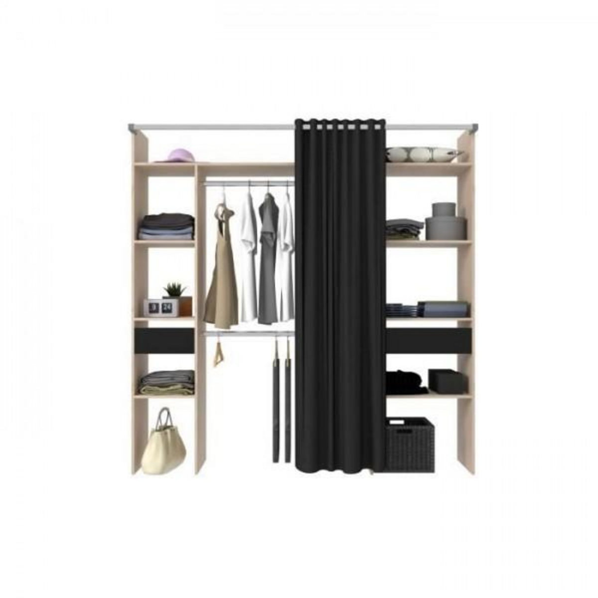 EKIPA Dressing ARTIC avec rideau - L 198 x H 203 cm - 2 colonnes + 2 penderies + 2 tiroirs - Chene Jackson et noir