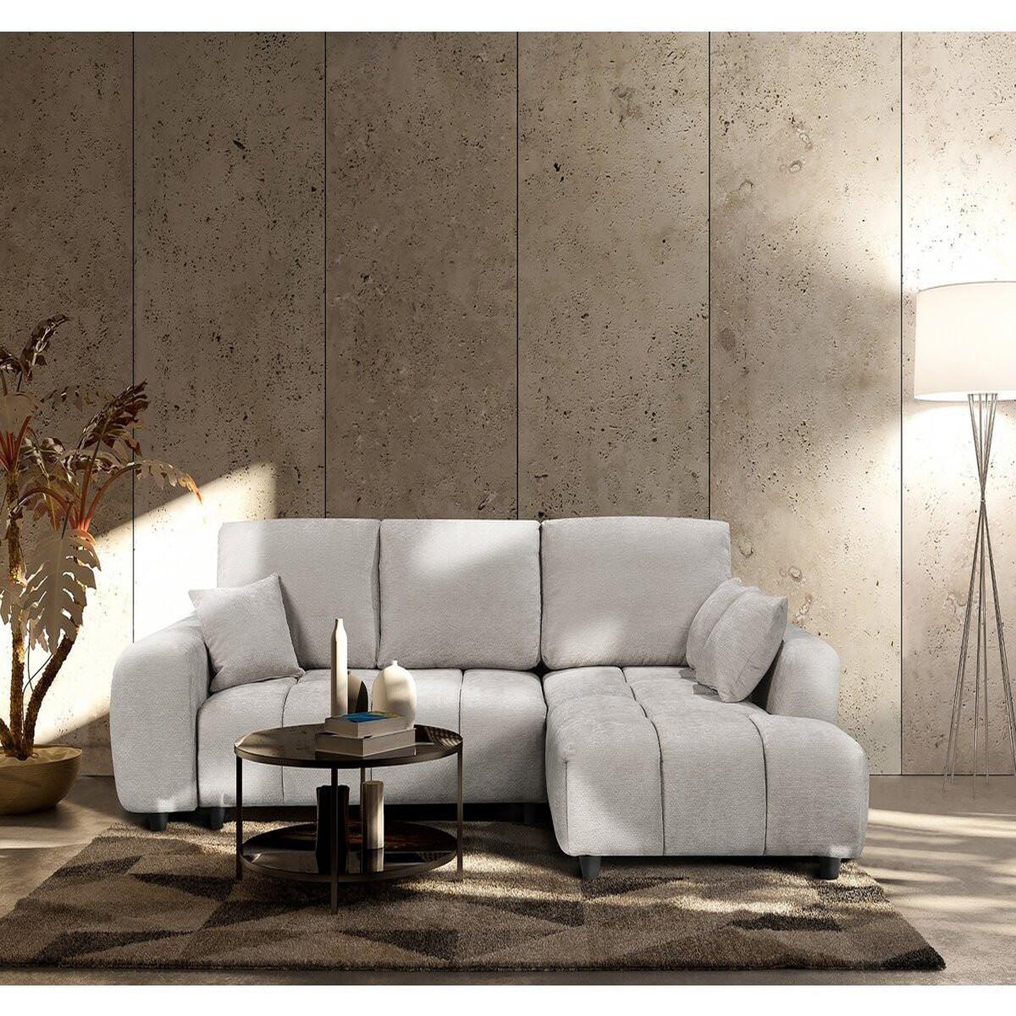 Voir la diapositive 2 : Habitat et Jardin Canapé d'angle droit convertible en tissu chenille  Verneuil  - 3 places - Beige