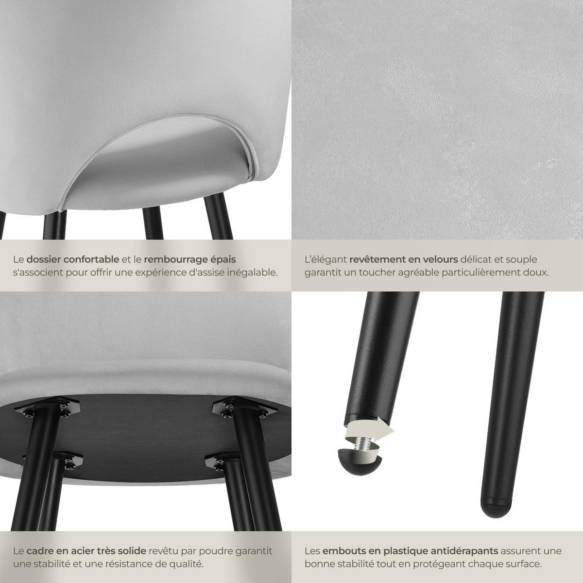 tectake Chaise de bar en velours rembourré gris clair/noir Ensemble de 2 pièces