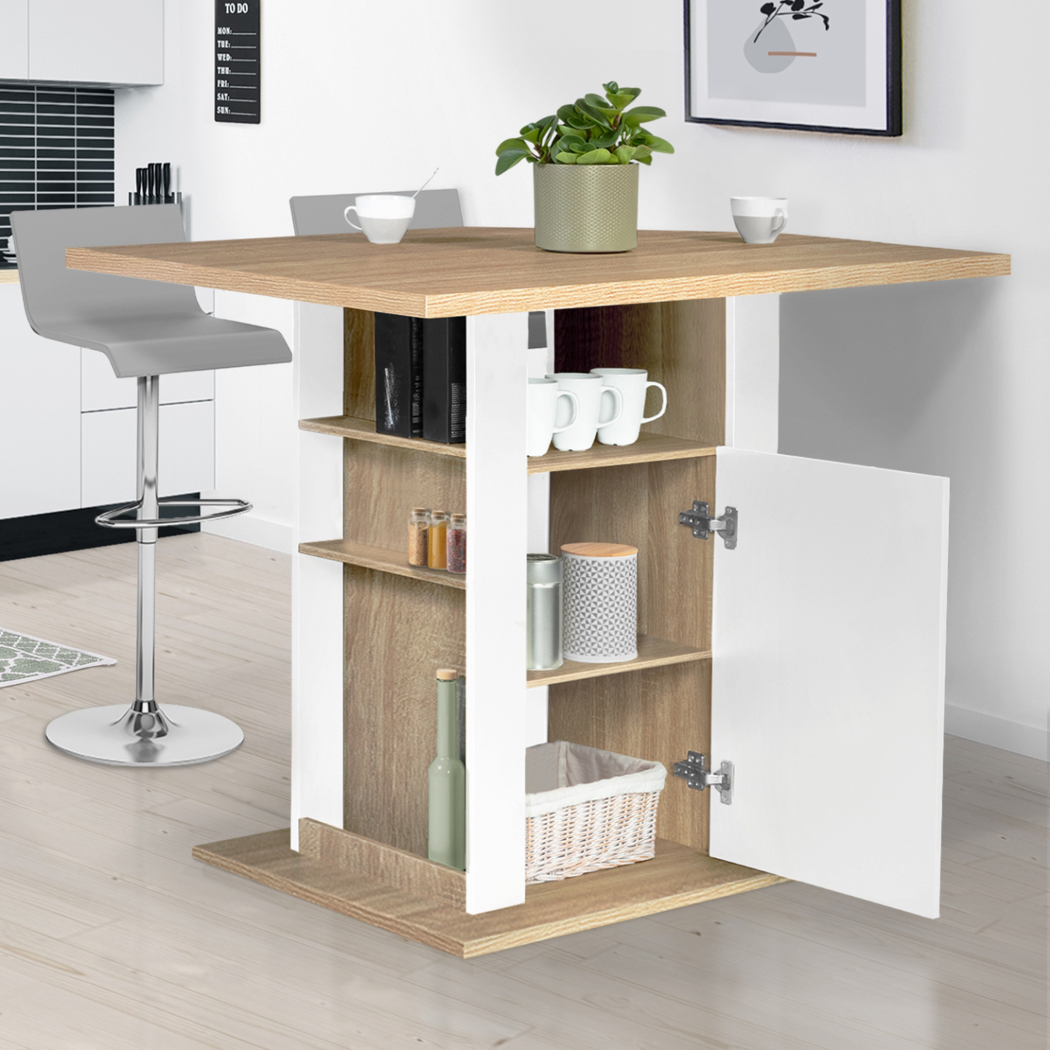 Voir la diapositive 3 : ID MARKET Ilot central ugo 110 cm bois blanc et imitation hêtre avec rangements