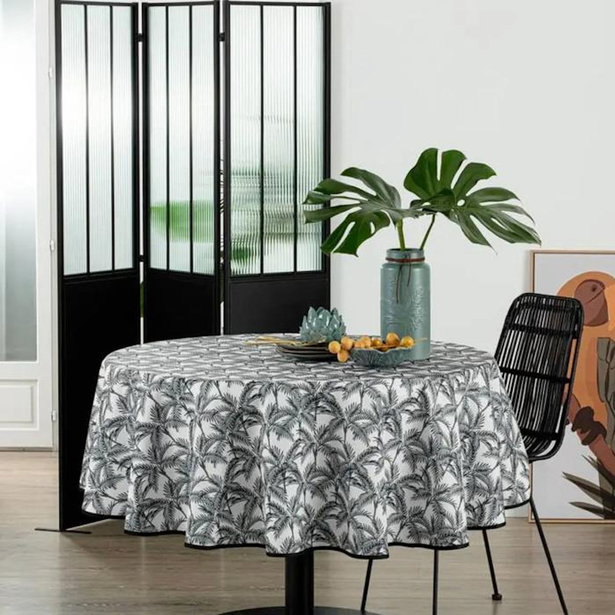 ATMOSPHERA Nappe Antitache Imprimée  Palmier  180cm Gris