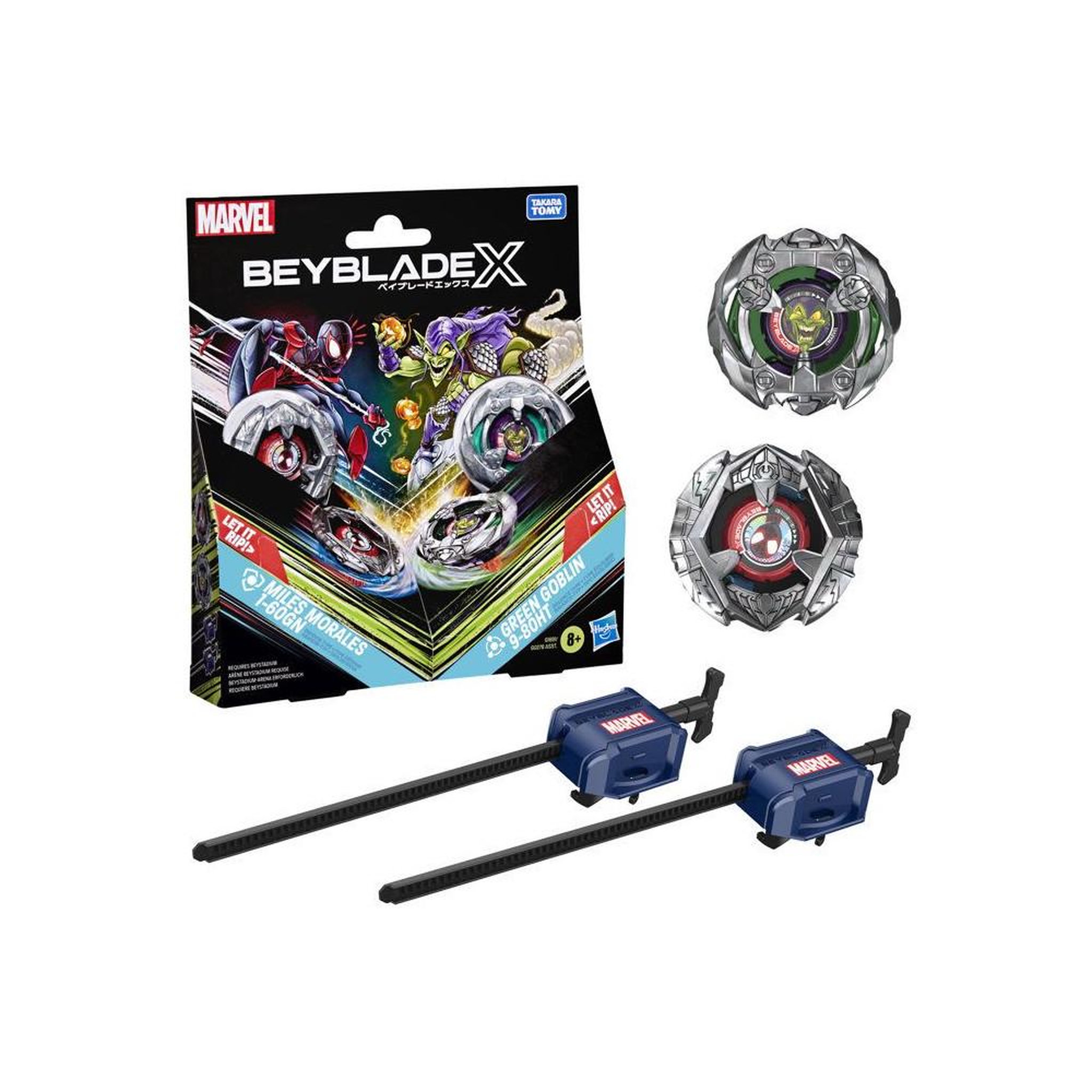 BEYBLADE Coffret beyblade x marvel miles morales 1-60gn vs green goblin 9-80ht, multipack 2 toupies rotation droite et 2 lanceurs, système x-acceleration