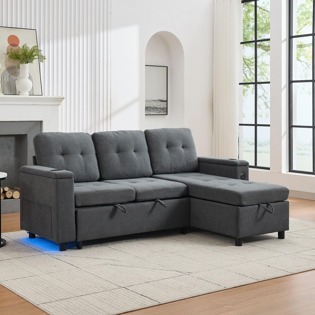 MERAX Canapé d'angle droit convertible 3 places tissu coffre de rangement