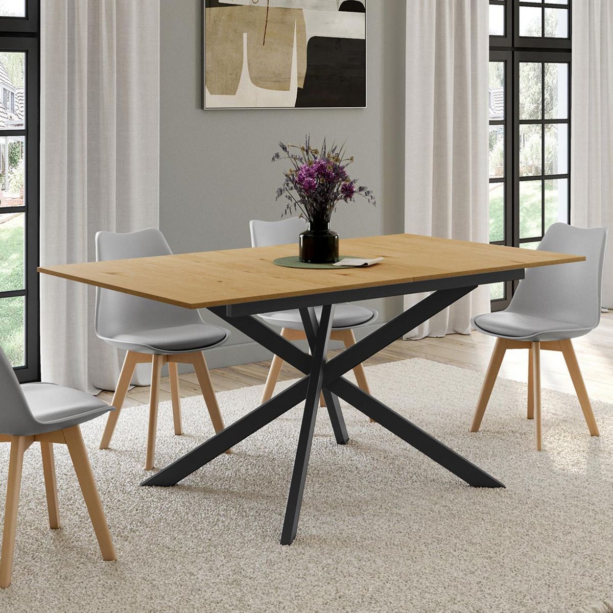 ID MARKET Table à manger extensible rectangle INES 6-10 personnes bois et noir 160-200 cm