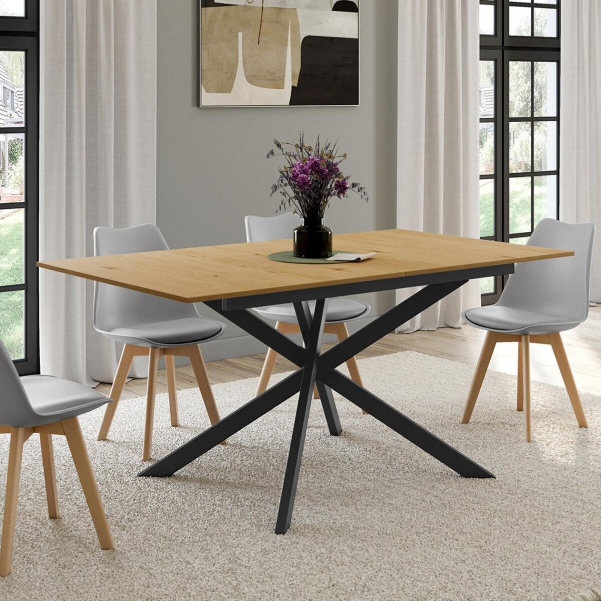 ID MARKET Table à manger extensible rectangle INES 6-10 personnes bois et noir 160-200 cm