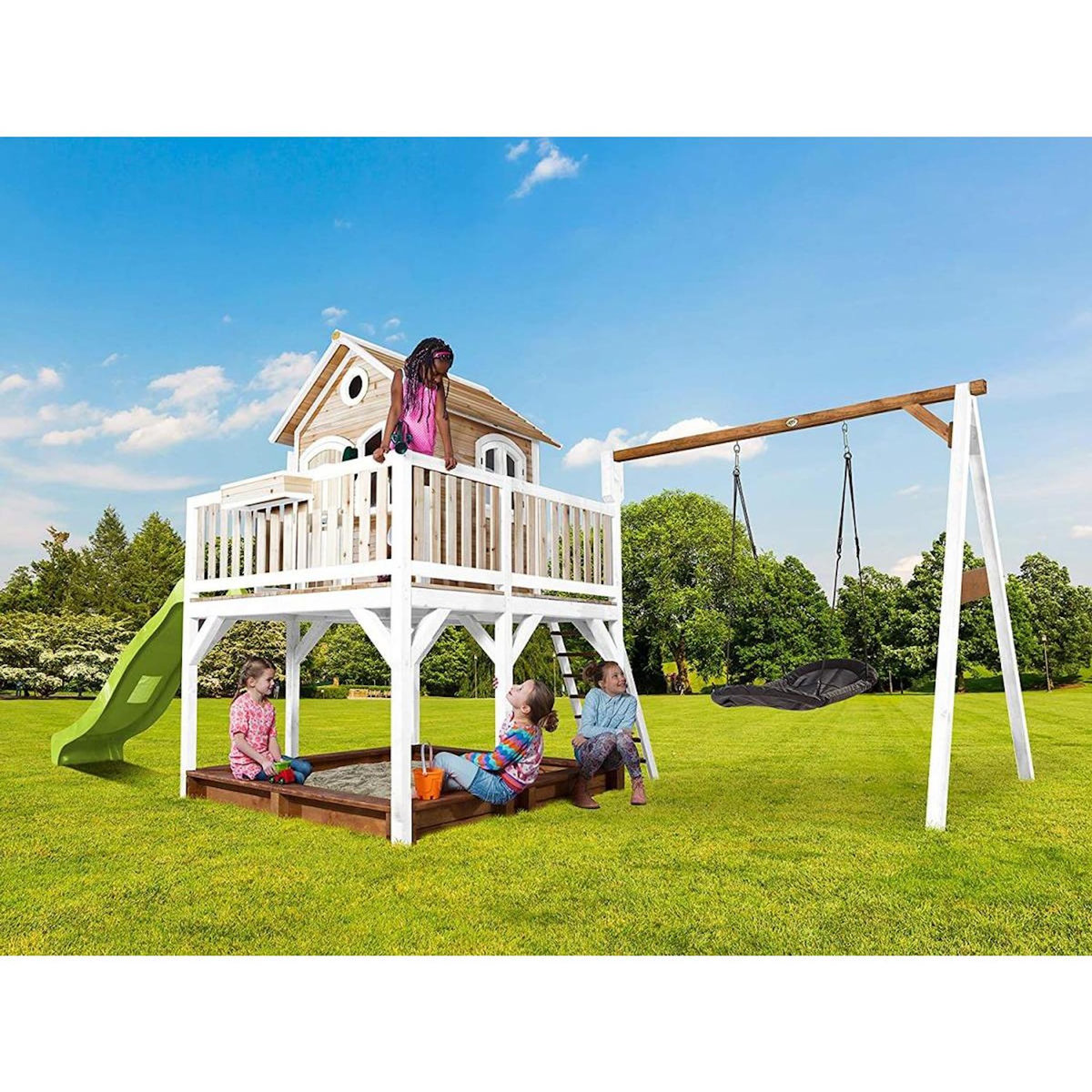 Axi House Axi Maisonnette LIAM  Brun Blanc avec balancoire nid ovale Roxy toboggan Citron vert et bac à sable