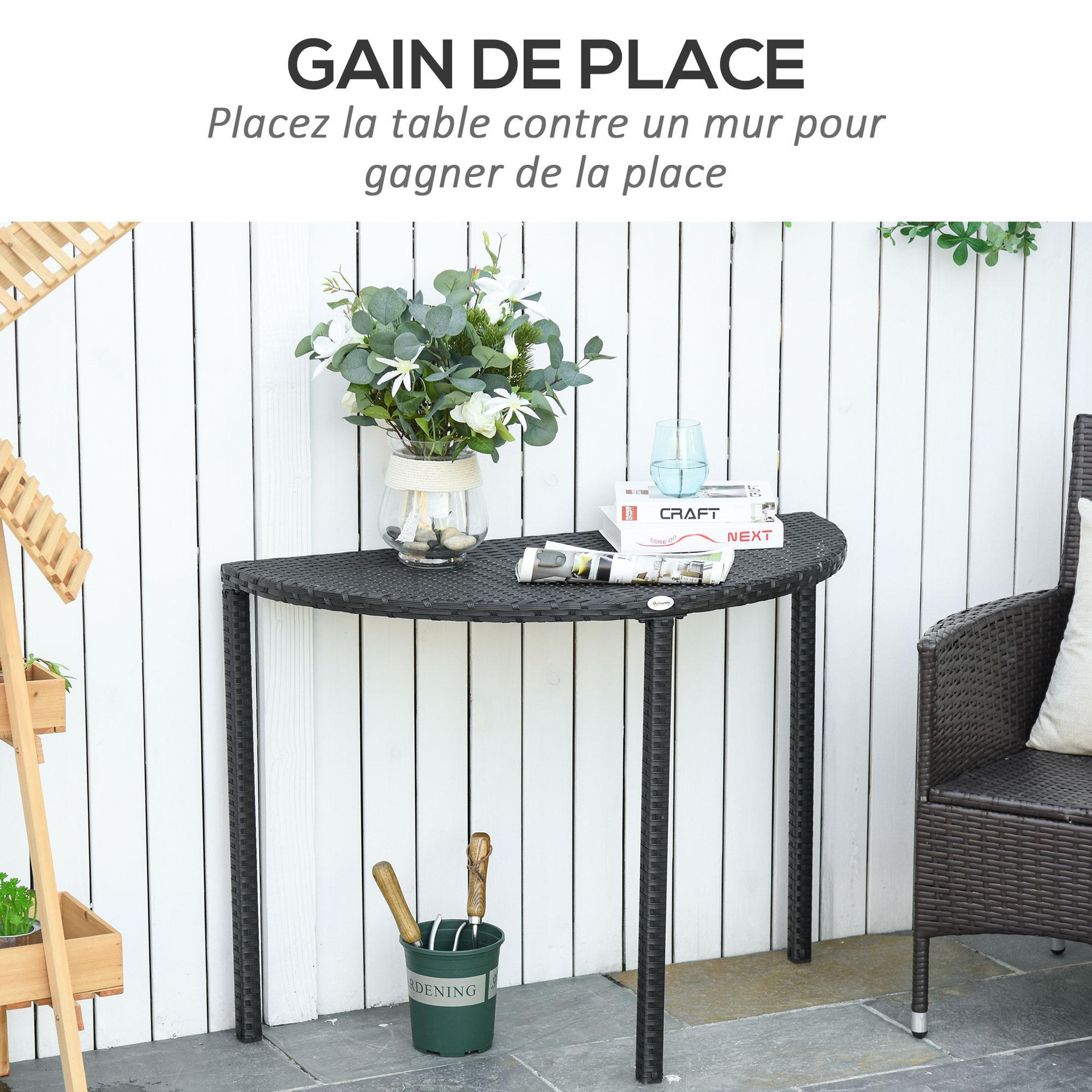Voir la diapositive 4 : OUTSUNNY Table de jardin demi cercle - table de balcon demi lune - dim. 100L x 50l x 74H cm résine tressée 4 fils imitation rotin noir