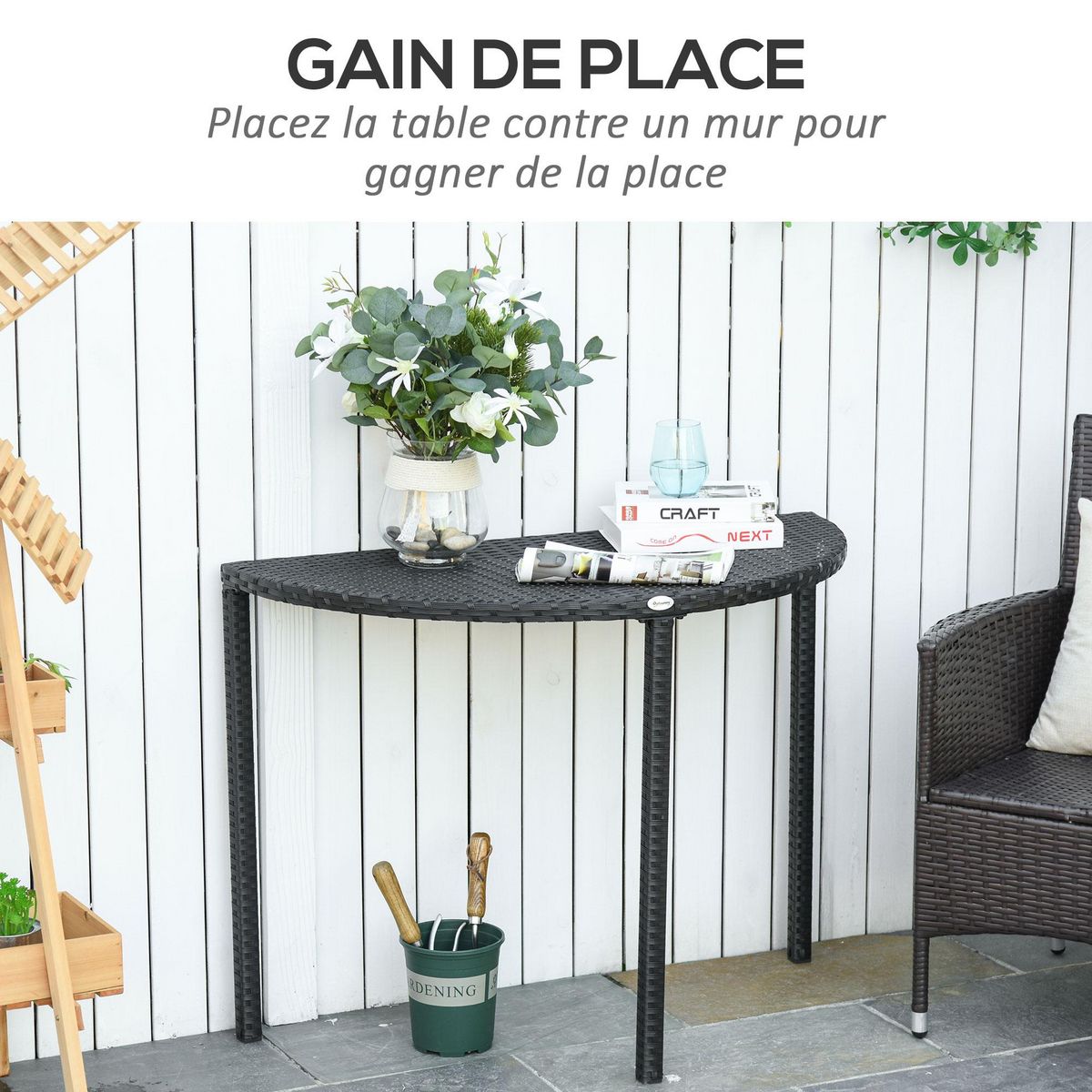 OUTSUNNY Table de jardin demi cercle - table de balcon demi lune - dim. 100L x 50l x 74H cm résine tressée 4 fils imitation rotin noir