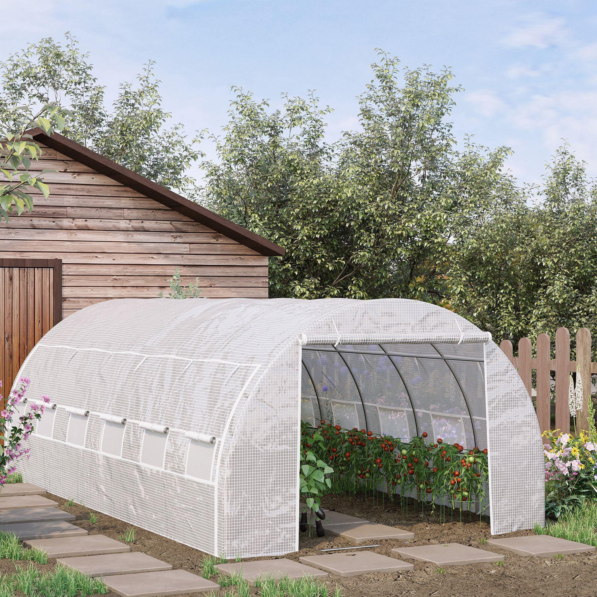 Voir la diapositive 2 : OUTSUNNY Serre de jardin tunnel 18 m² dim. 5,97l x 3,02l x 2h m - 12 fenêtres, porte zippée enroulable - châssis tubulaire acier galvanisé, bâche pe haute densité blanc