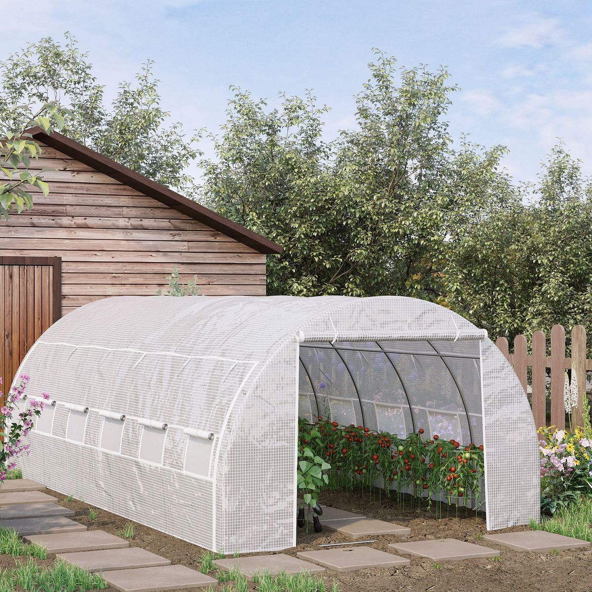 OUTSUNNY Serre de jardin tunnel 18 m² dim. 5,97L x 3,02l x 2H m - 12 fenêtres, porte zippée enroulable - châssis tubulaire acier galvanisé, bâche PE haute densité blanc