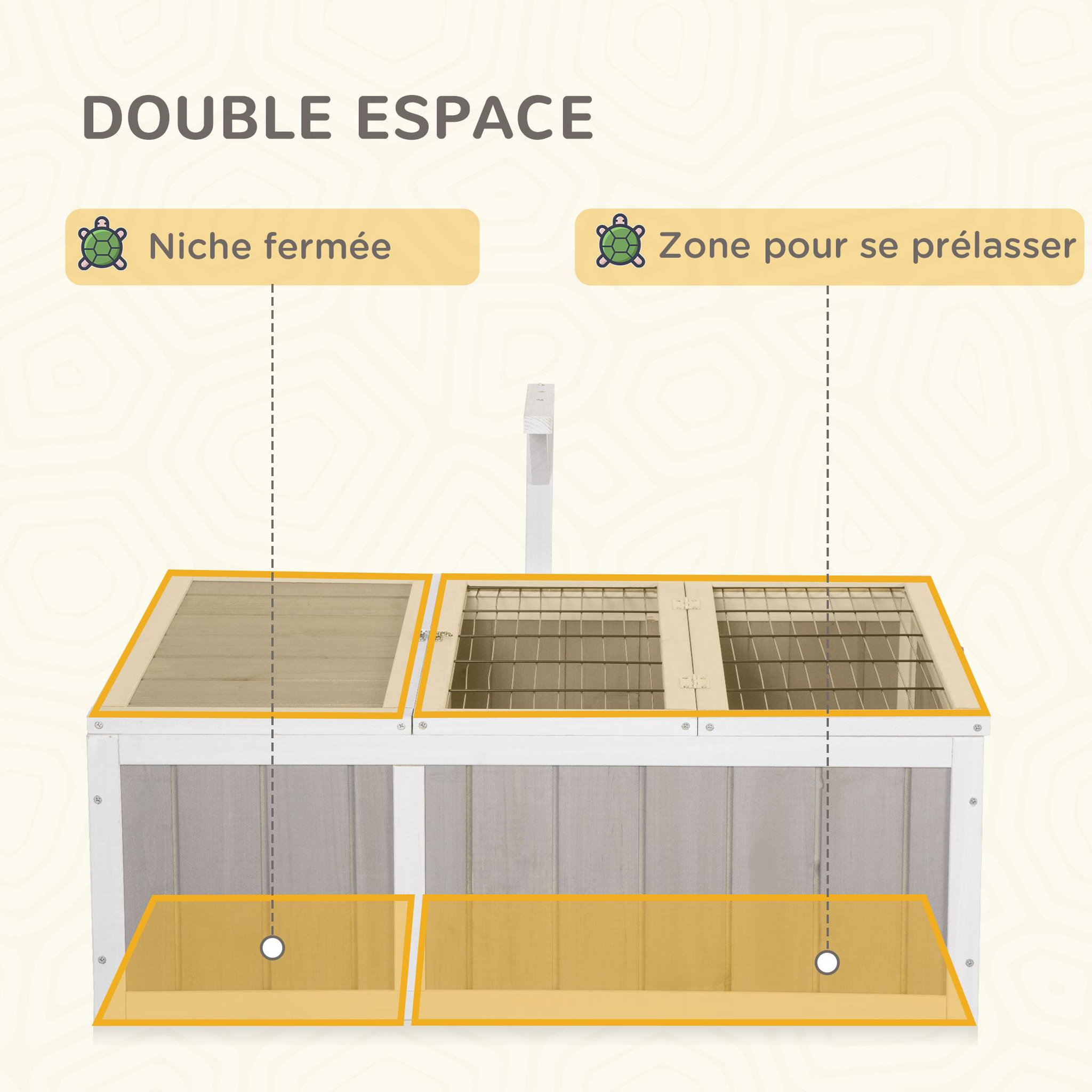 Voir la diapositive 4 : PAWHUT Enclos pour tortue - parc pour tortue - maison pour tortue terrestre - enclos extérieur avec grillage - bois sapin gris blanc