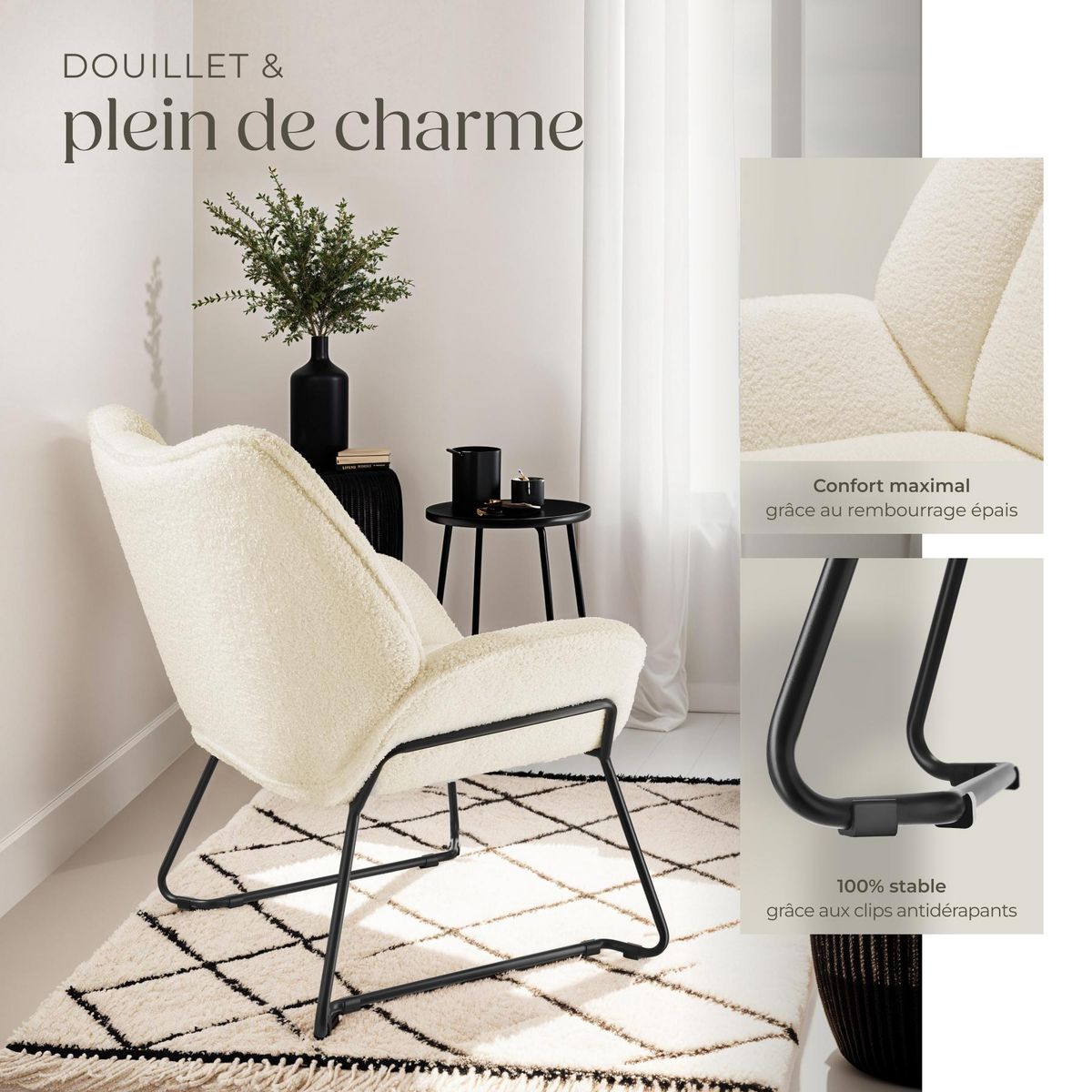 tectake Fauteuil rembourré avec revêtement bouclé crème-blanc