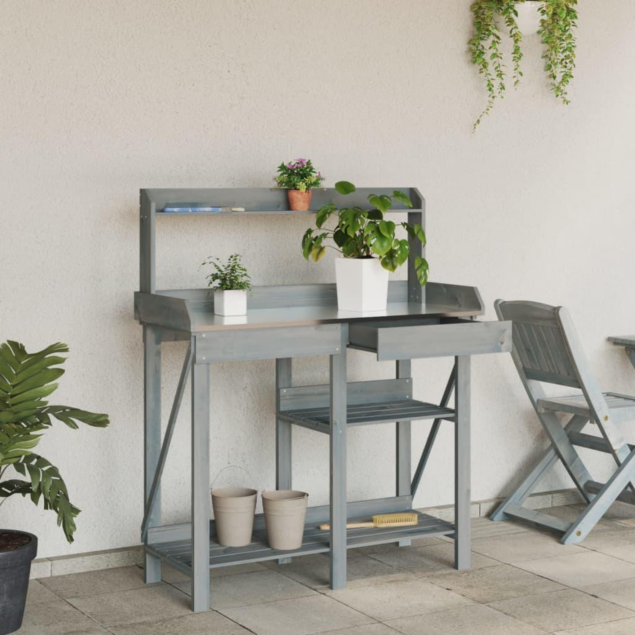 Voir la diapositive 3 : VIDAXL Banc de rempotage avec etageres gris bois massif de sapin