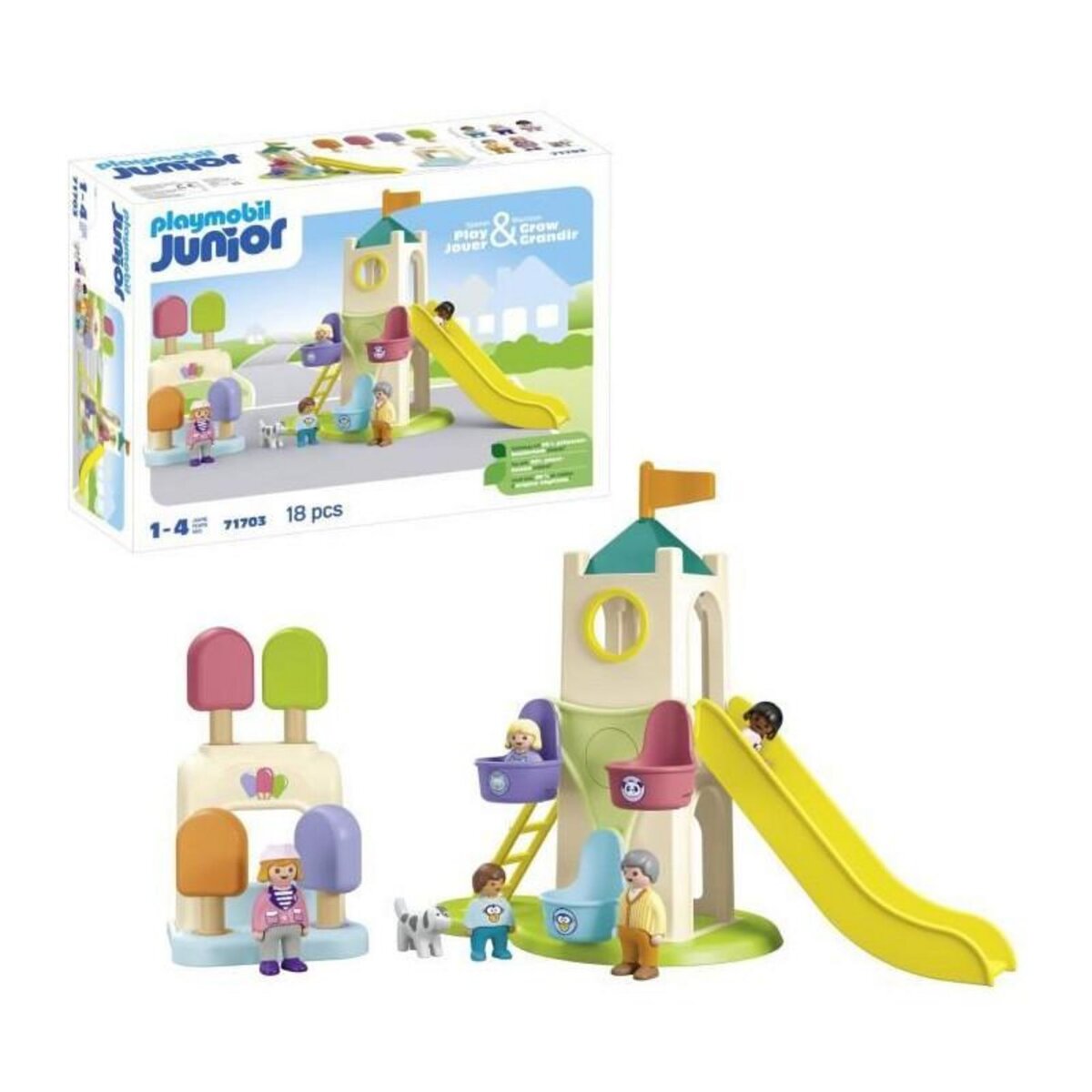 PLAYMOBIL PLAYMOBIL Junior 71703 Aire de jeux avec toboggan géant Comprend cinq personnages, un toboggan et des accessoires - Des 1 an