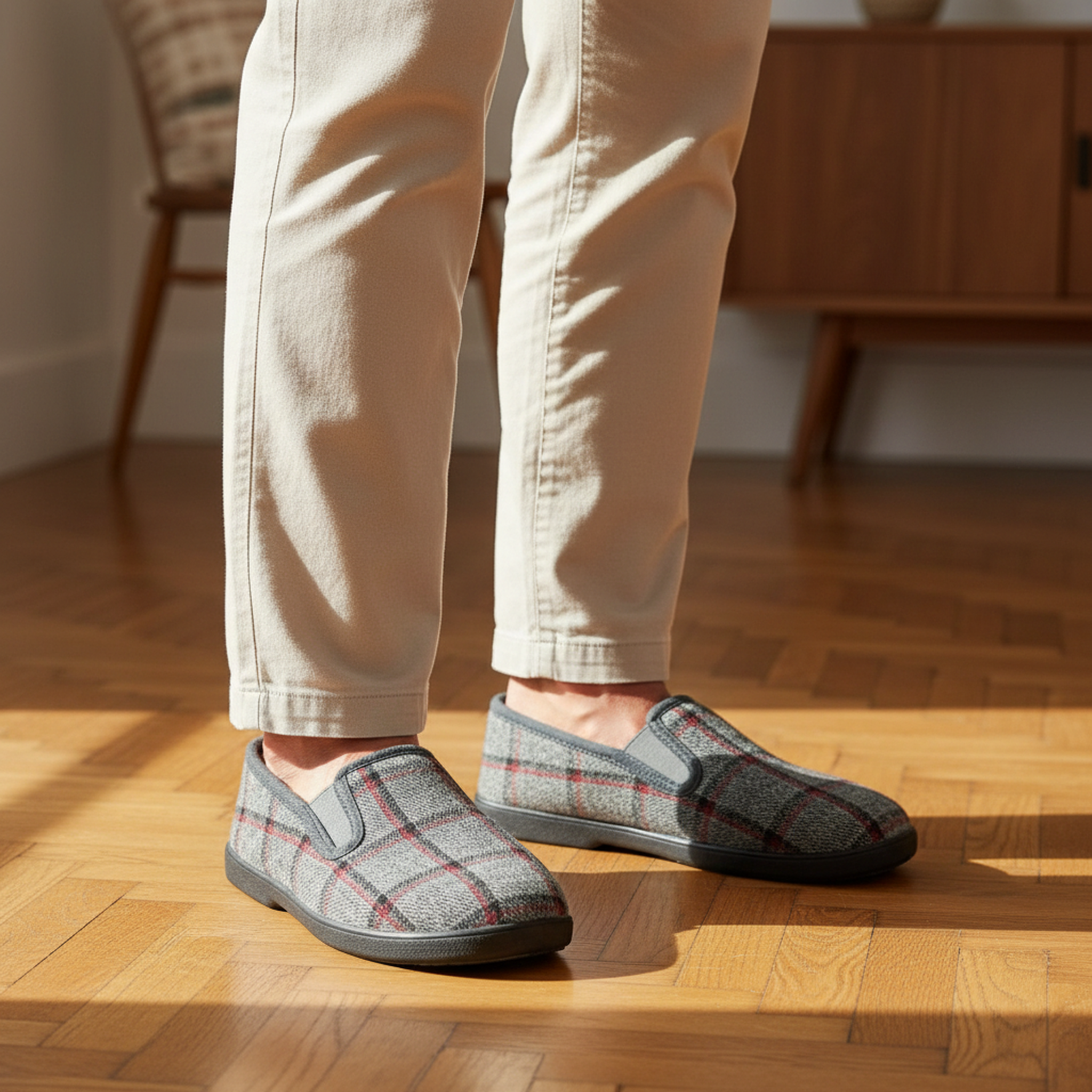 Voir la diapositive 2 : OZABI Ozabi pantoufles charentaises homme fourrées carreaux fenêtre antidérapantes