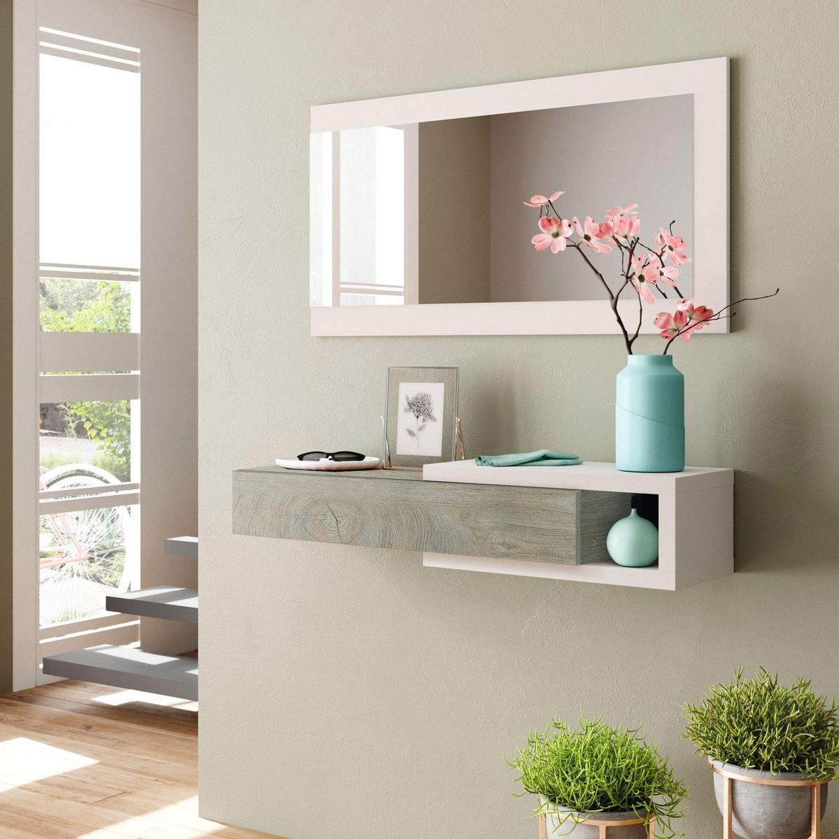 VS VENTA-STOCK Meuble d'entrée Moon avec 1 tiroir et Miroir, Chêne/Blanc, Meuble, 95 cm Largeur