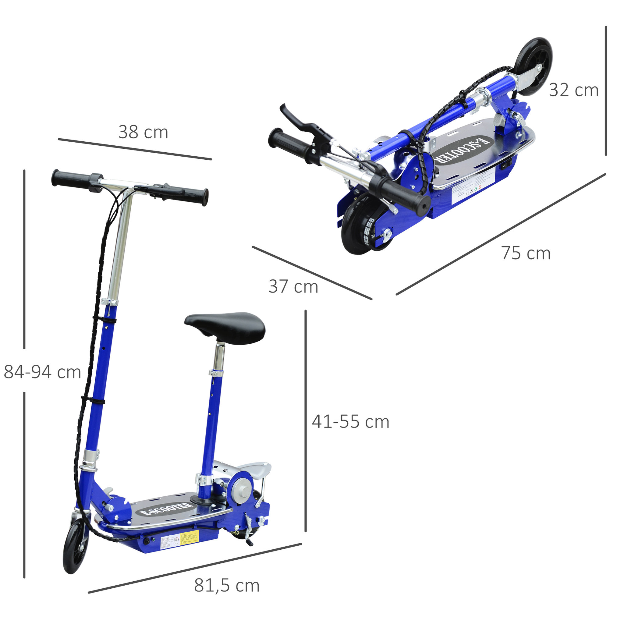 Voir la diapositive 3 : HOMCOM Trottinette électrique 120 W pliable pour enfant de 7 à 12 ans hauteur guidon et selle réglable 10 Km/h max. bleu