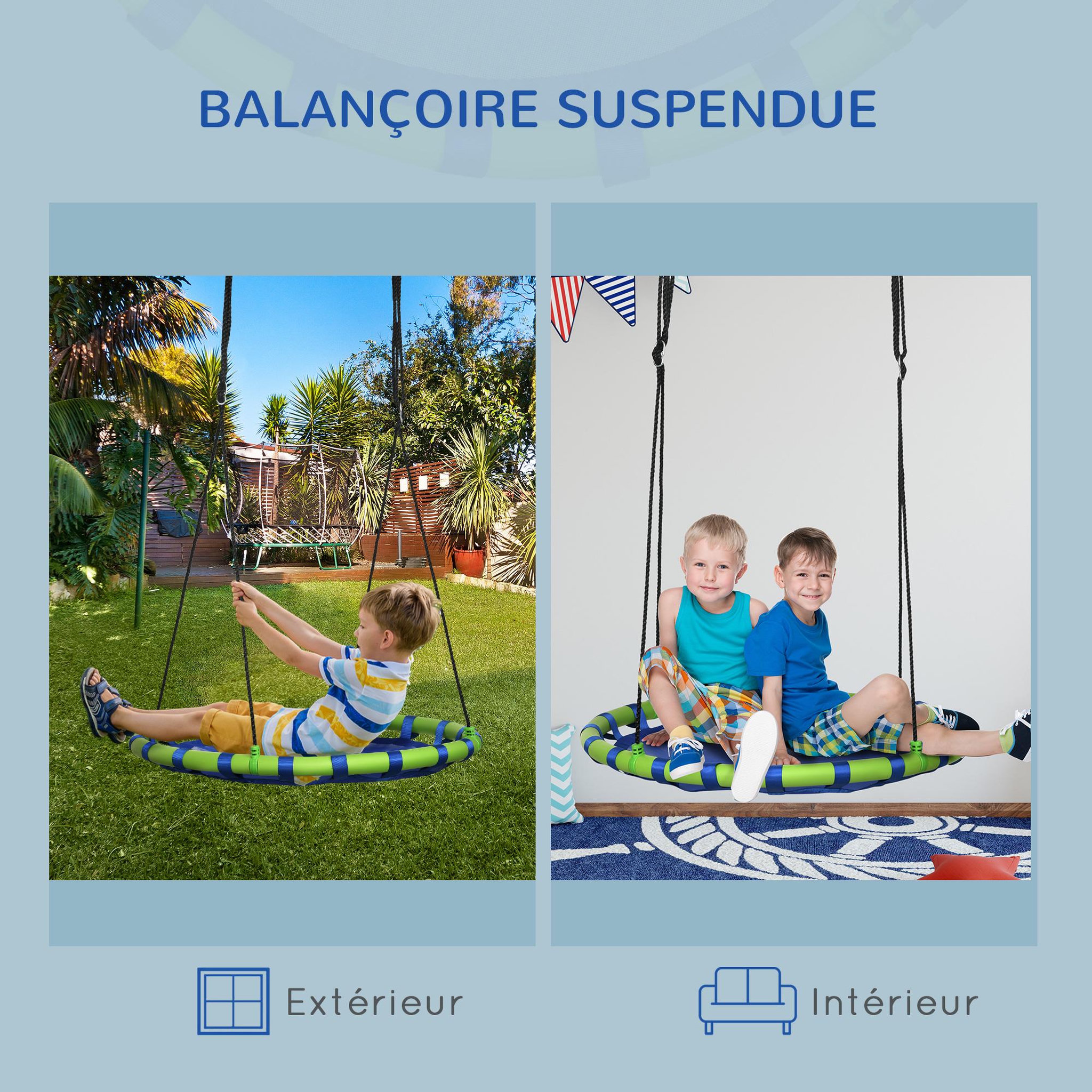 Voir la diapositive 6 : OUTSUNNY Balançoire nid d'oiseau ronde balançoire panier Ø 100 x 120-180H cm accessoires inclus bleu vert