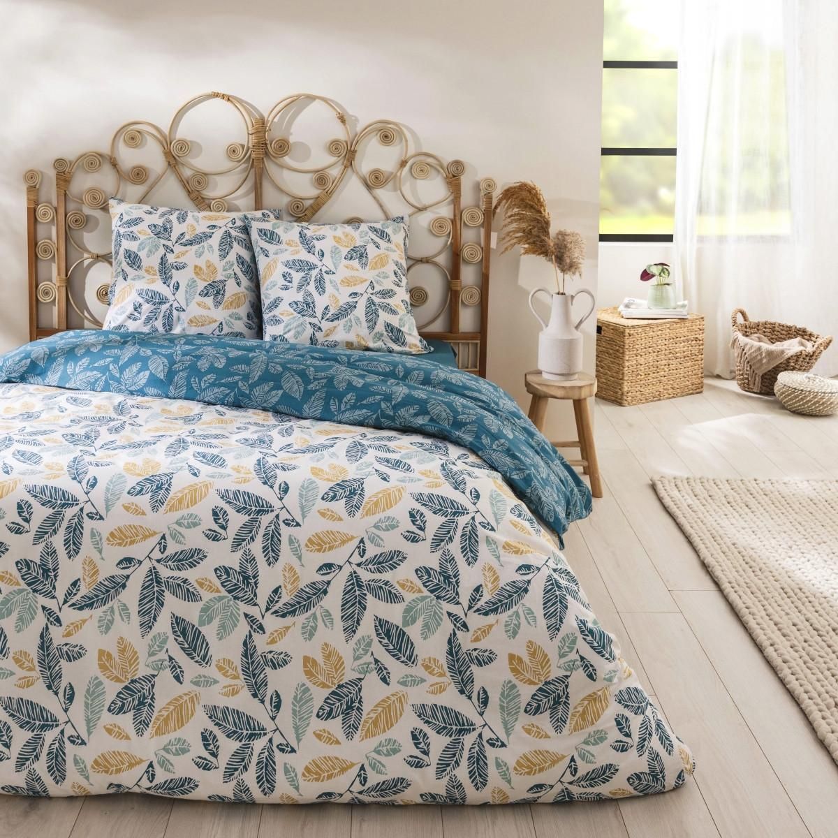 FUTURE HOME Parure de lit 2 personnes en coton 57 fils imprimé bleu