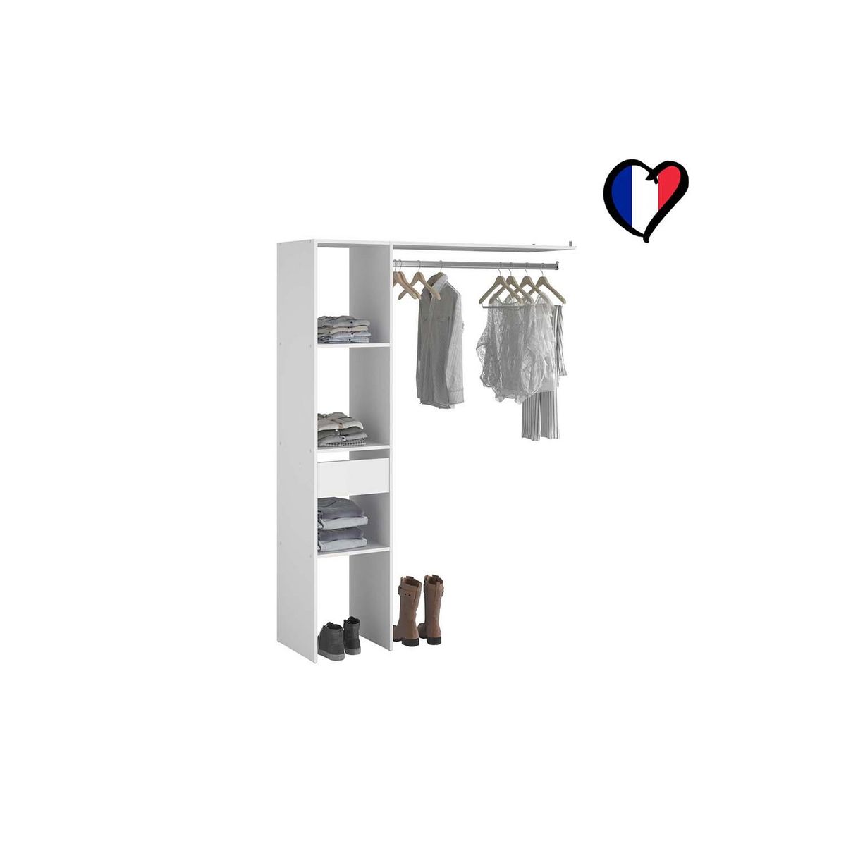 CONCEPT USINE Dressing blanc 3 étagères, 1 tiroir, penderie 138 x 40 x 180 cm ELYSEE
