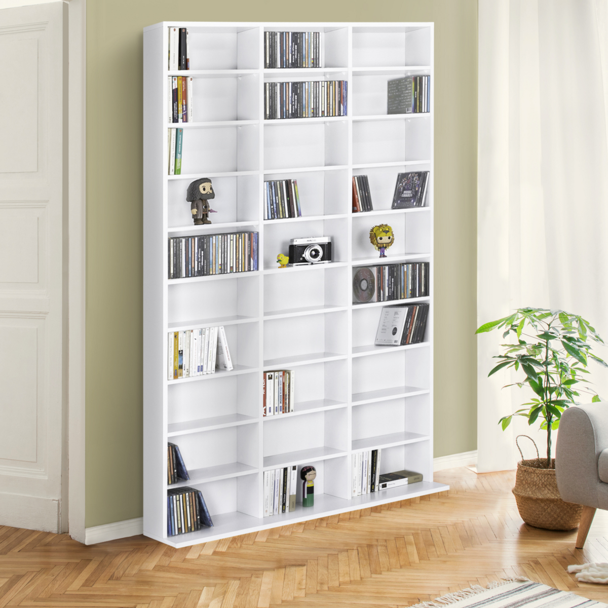ID MARKET Bibliothèque étagère CD CEYLIA 30 cases avec étagères modulables bois blanc