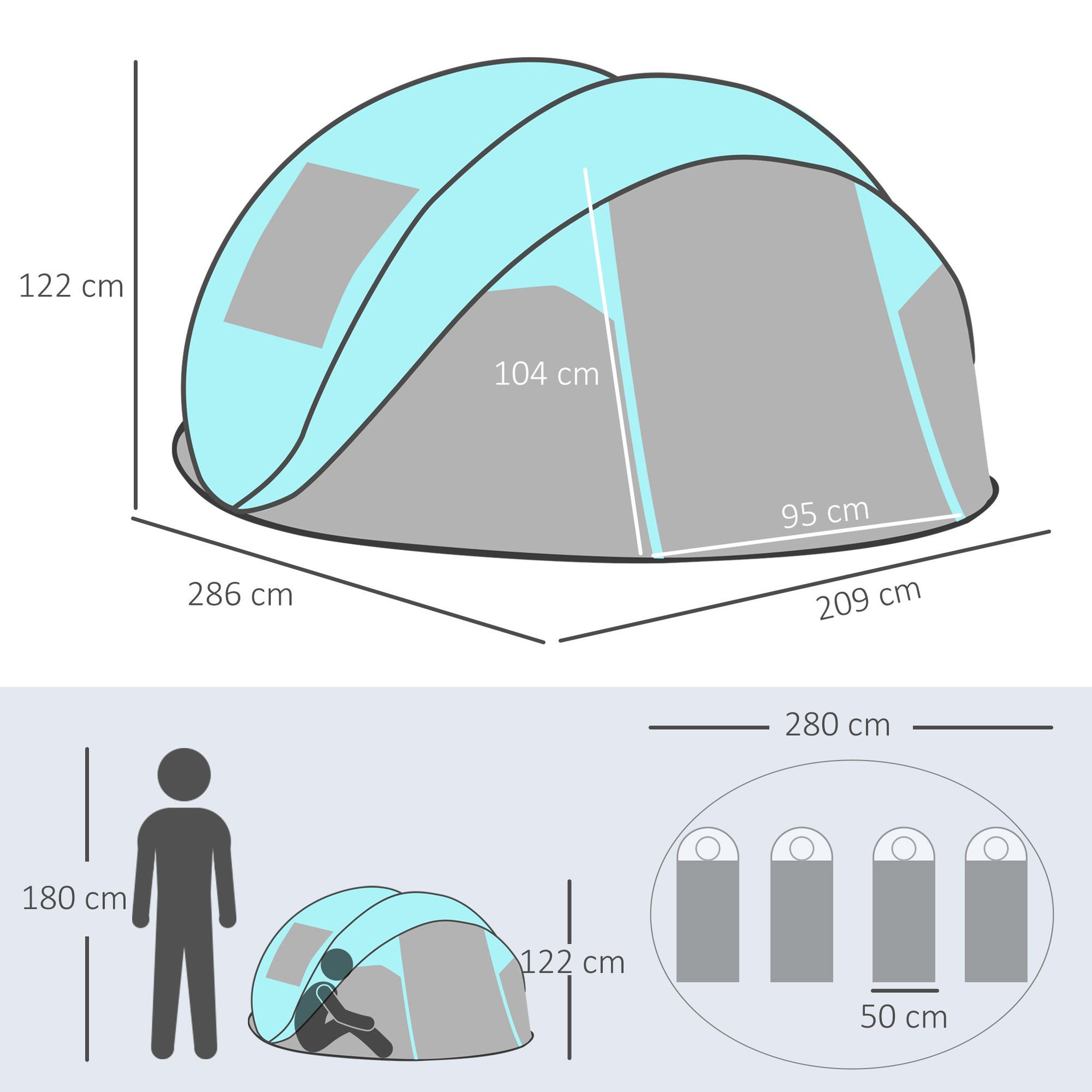 Voir la diapositive 3 : OUTSUNNY Tente pop up montage instantané - tente de camping 3-4 pers.  - 2 portes, 2 fenêtres moustiquaires - dim. 2,86L x 2,09l x 1,22H m - fibre verre polyester bleu gris