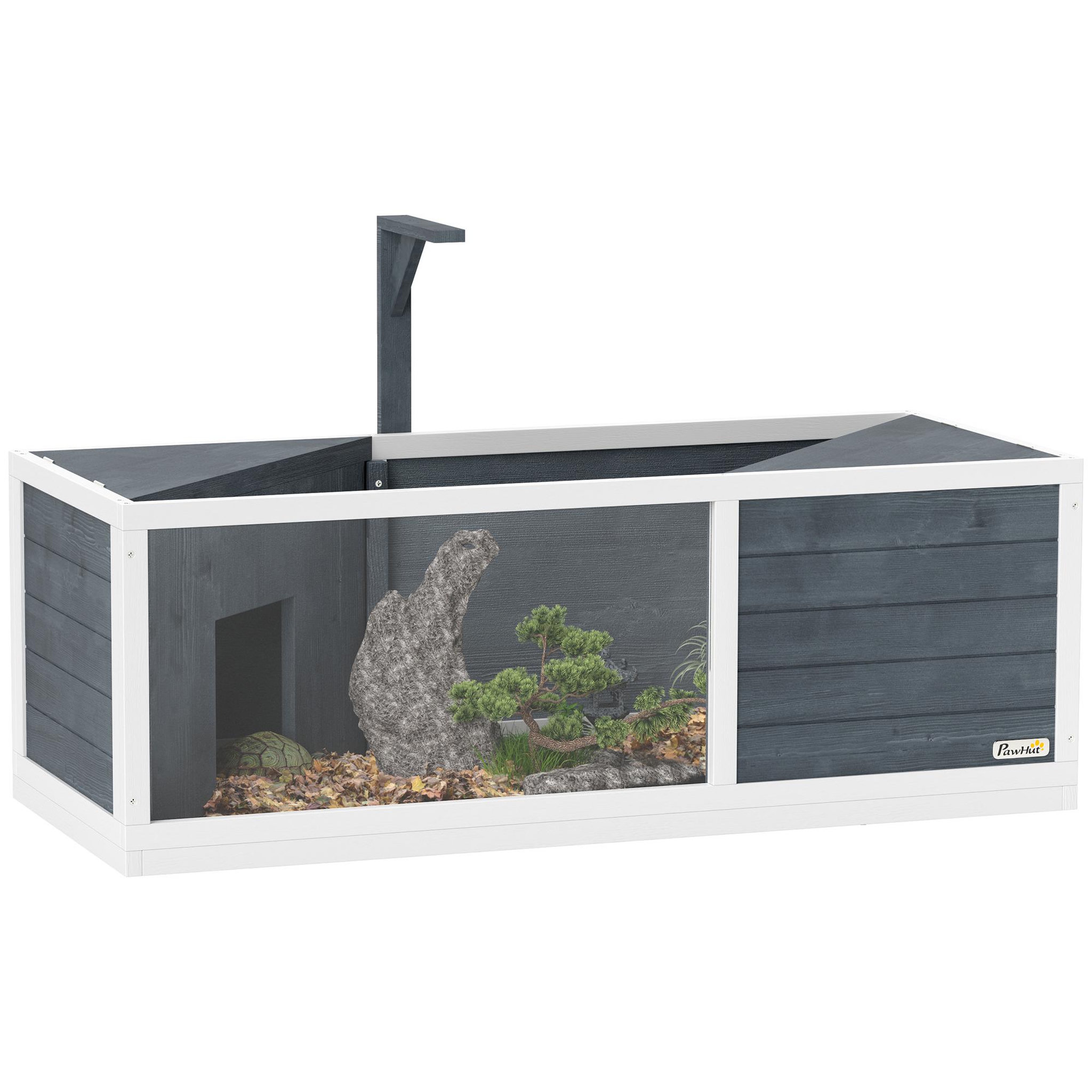 PAWHUT Maison enclos pour tortues - 2 niches et enclos - 2 toits ouvrants - bois blanc gris