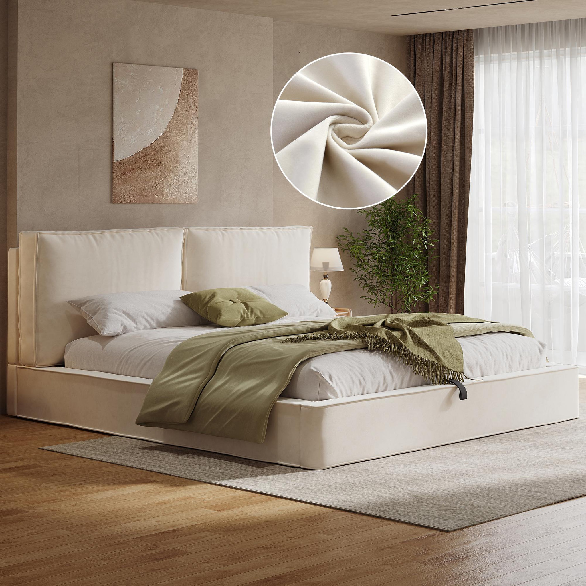 Voir la diapositive 2 : MERAX Lit coffre 180x200 cm avec rangement hydraulique, tête de lit rembourrée velours beige