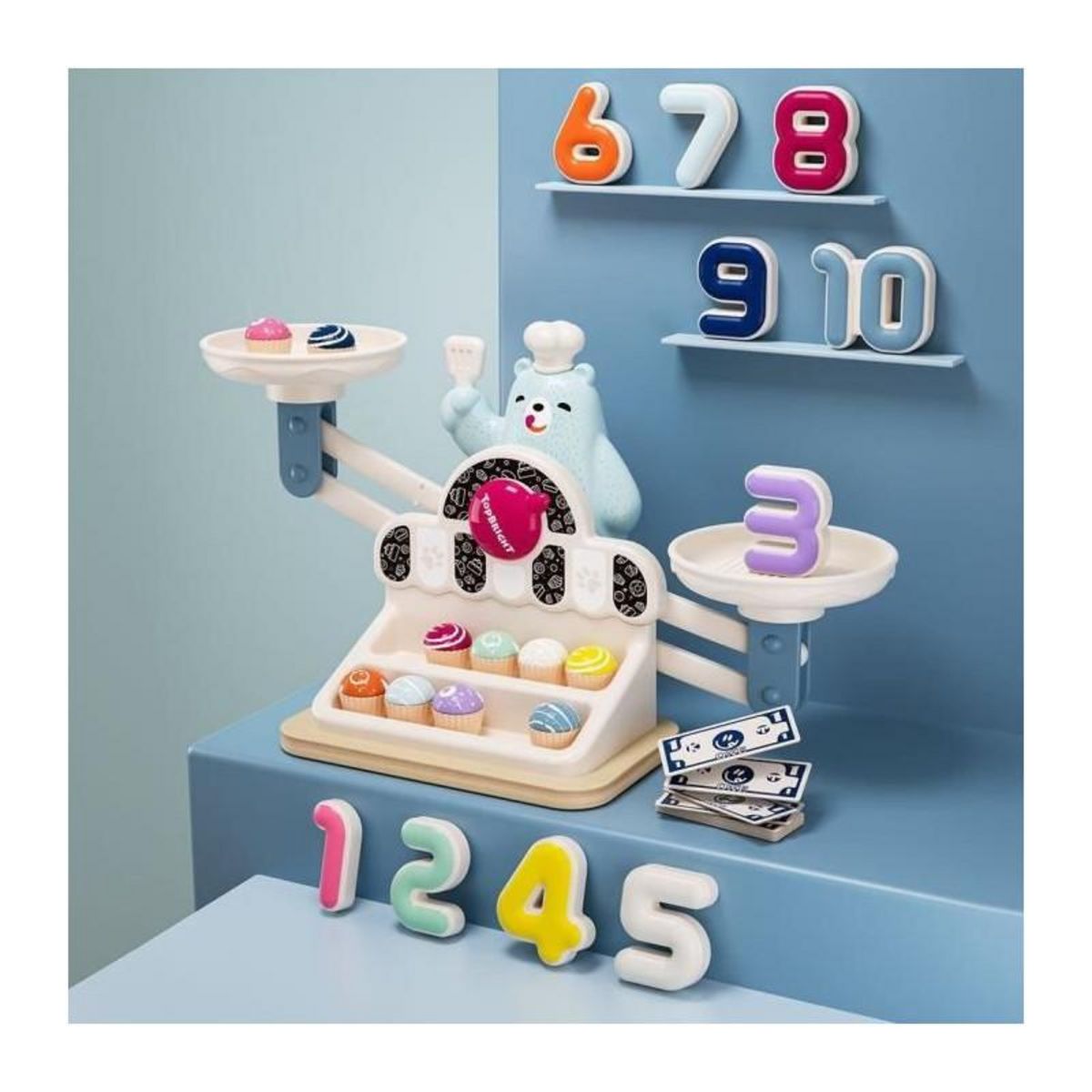 GENERIQUE Ours Yummy Balance - TOP BRIGHT - Cupcakes - Plateaux de Balance - Équilibre - Chiffres - Comptage