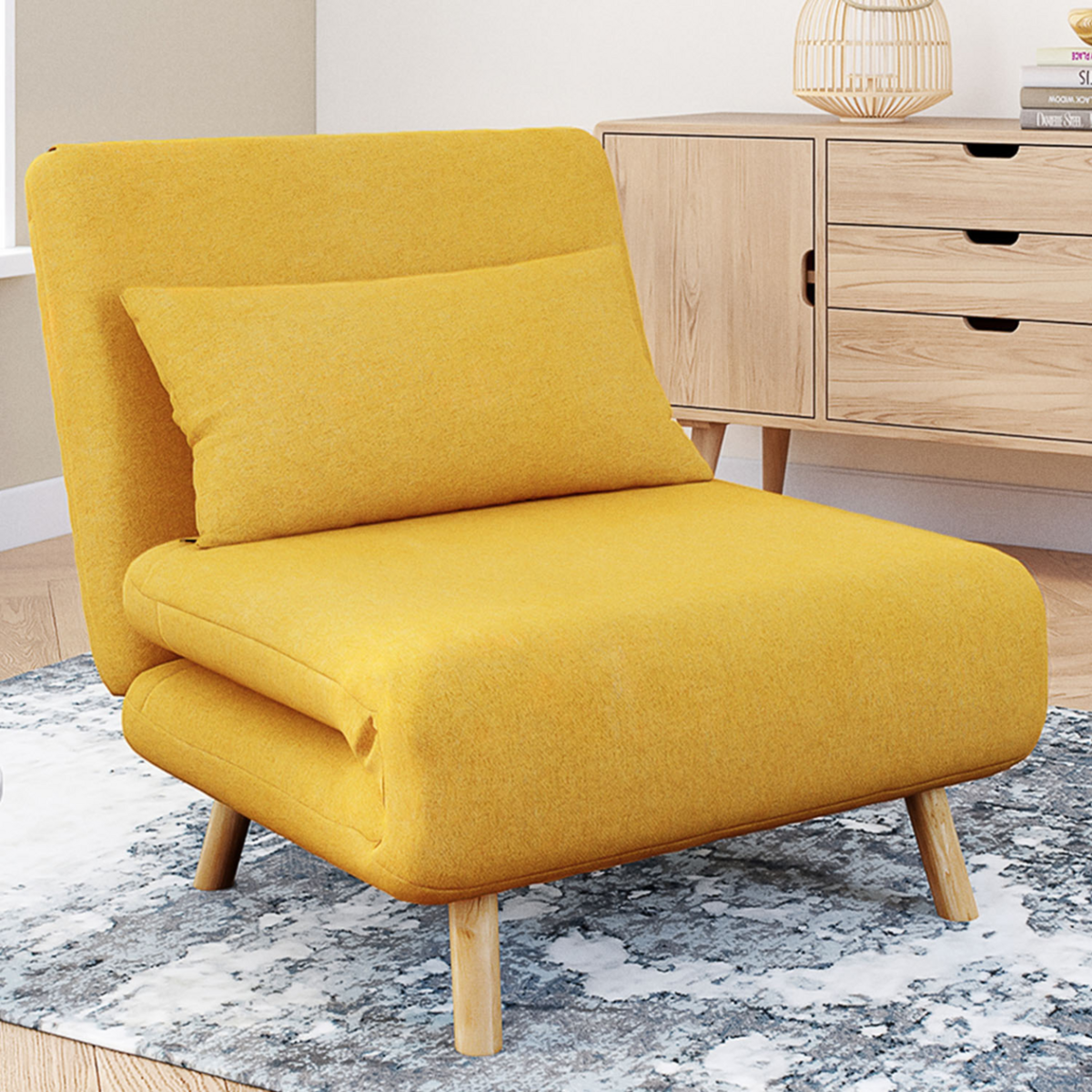 ID MARKET Fauteuil convertible ROMEO lit d'appoint 1 place 80x190 cm tissu jaune