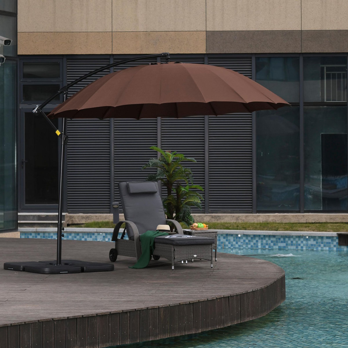 OUTSUNNY Parasol déporté rond inclinable manivelle piètement mât métal. dim. Ø 2,96 x 2,6H m polyester haute densité chocolat