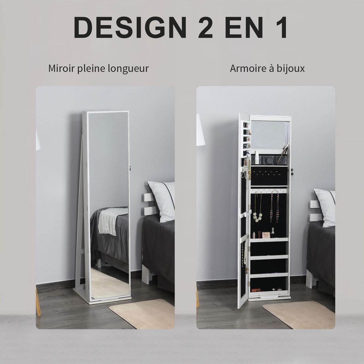 HOMCOM HOMCOM Armoire à bijoux avec miroir sur pied multi-rangements éclairage LED blanc dim. 38L x 38l x H157 cm