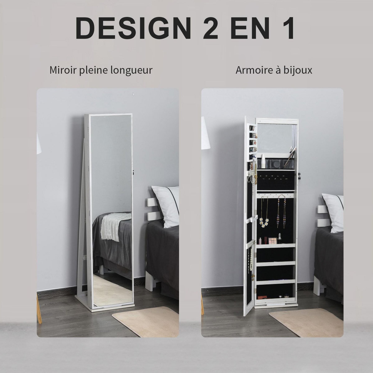 HOMCOM HOMCOM Armoire à bijoux avec miroir sur pied multi-rangements éclairage LED blanc dim. 38L x 38l x H157 cm