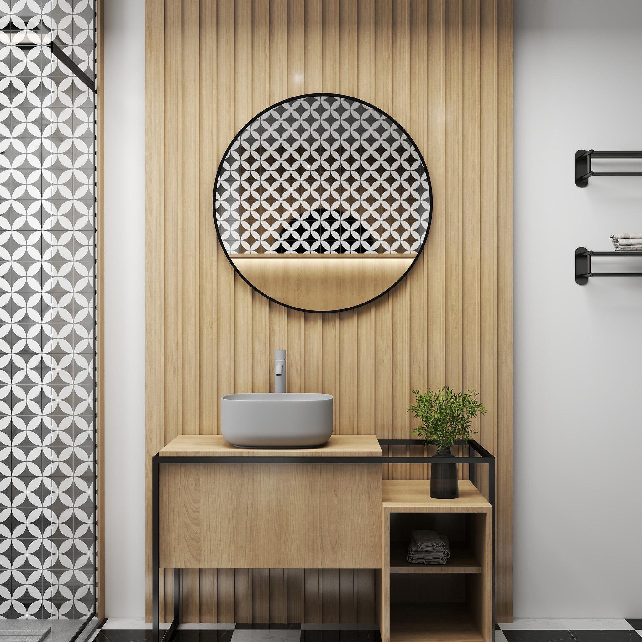 Voir la diapositive 2 : HOMCOM Miroir mural rond dia. 70 cm cadre métal noir
