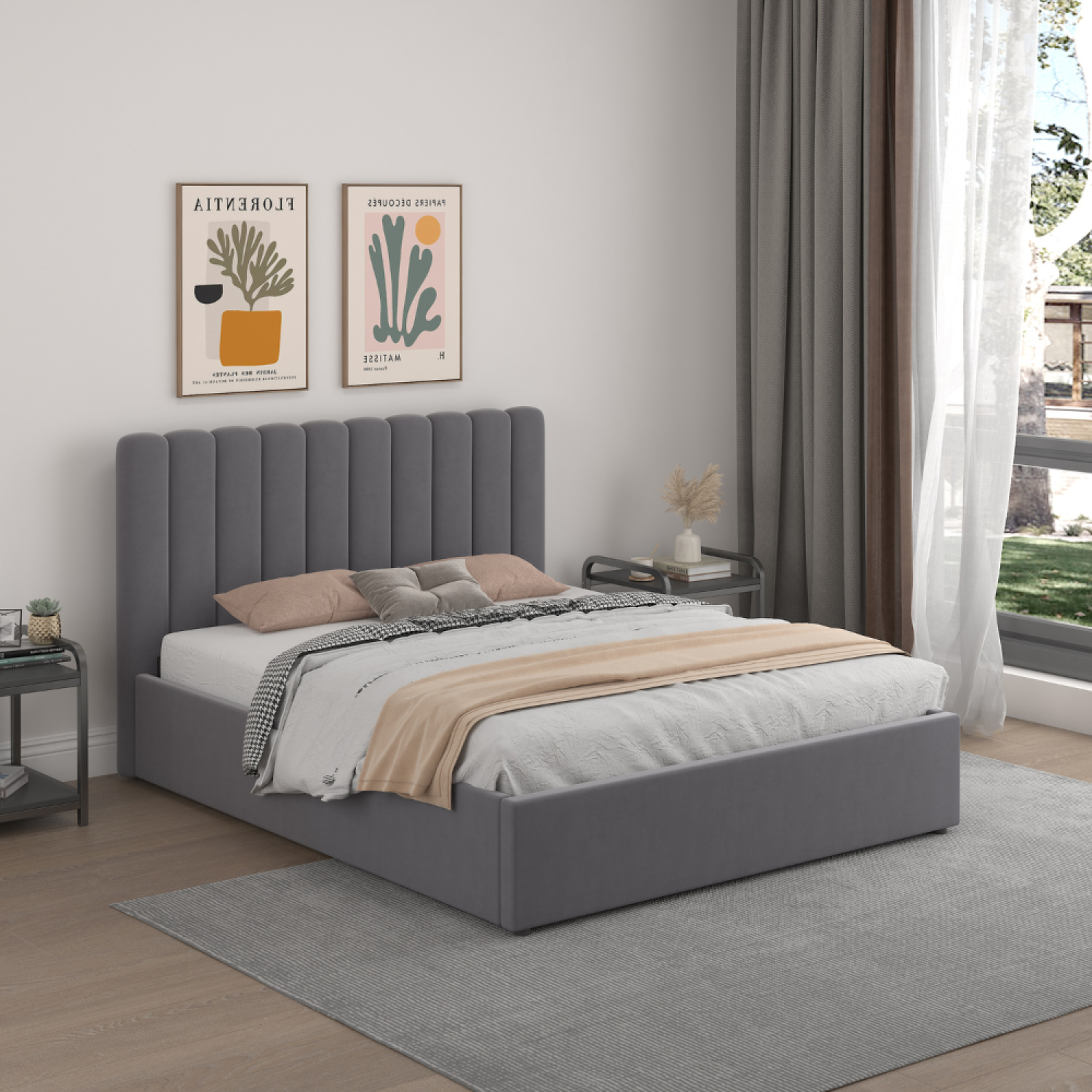 Voir la diapositive 5 : CONCEPT USINE Lit avec coffre de rangement 140x190cm velours gris foncé savannah