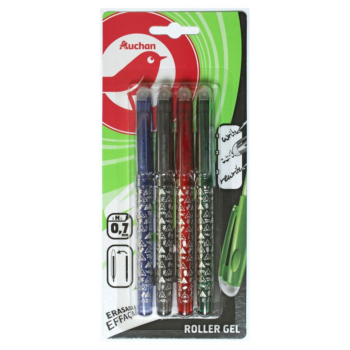 AUCHAN Lot de 4 stylos rollers gel effaçables pointes moyennes noir/bleu/rouge/vert