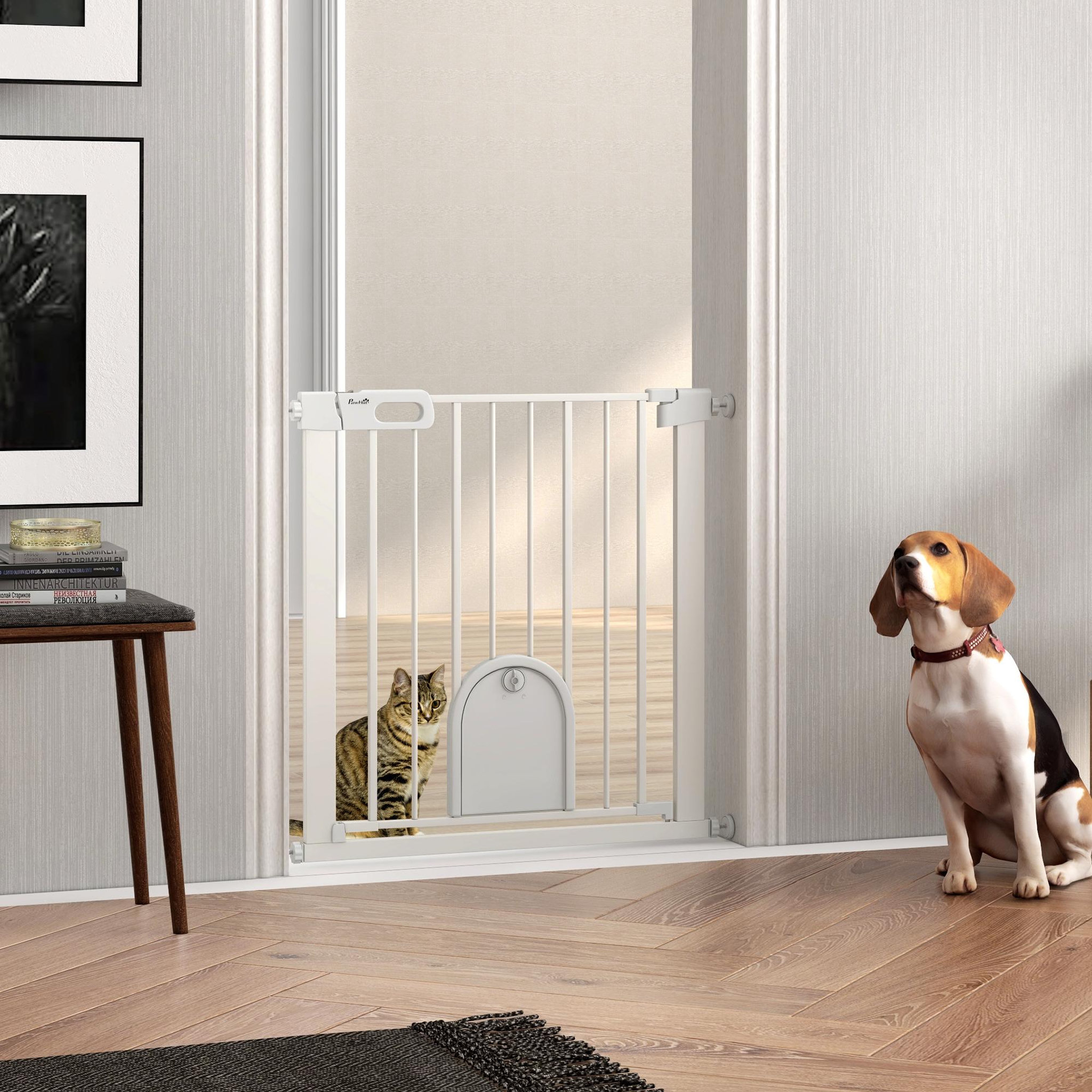 Voir la diapositive 2 : PAWHUT Barrière de sécurité chien l.75-82 x h.76 cm porte verrouillable fixation pression blanc