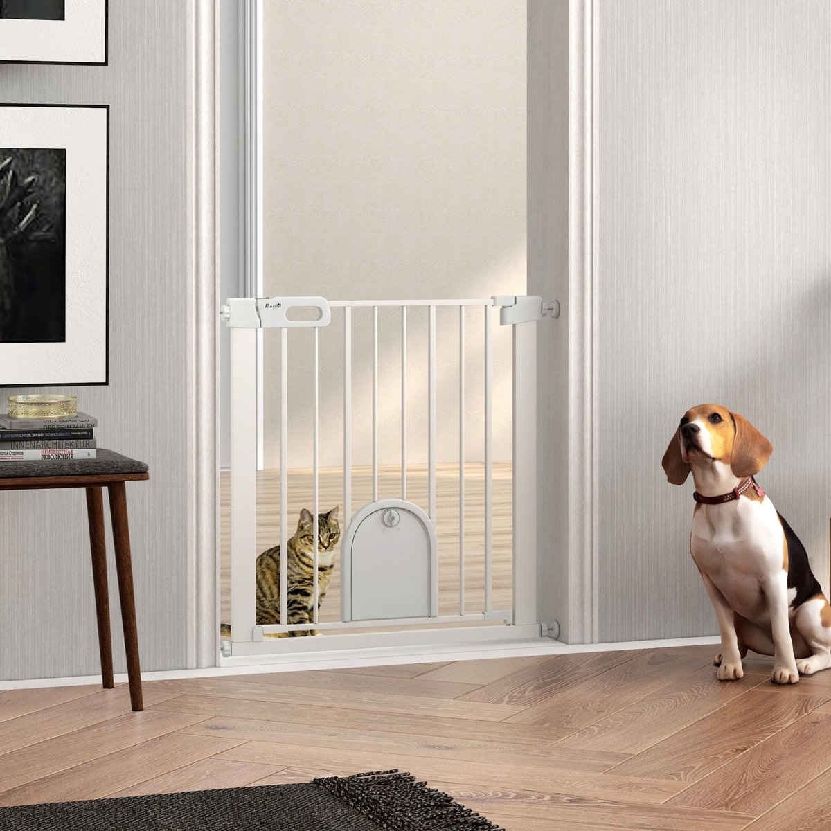 PAWHUT Barrière de sécurité chien L.75-82 x H.76 cm porte verrouillable fixation pression blanc