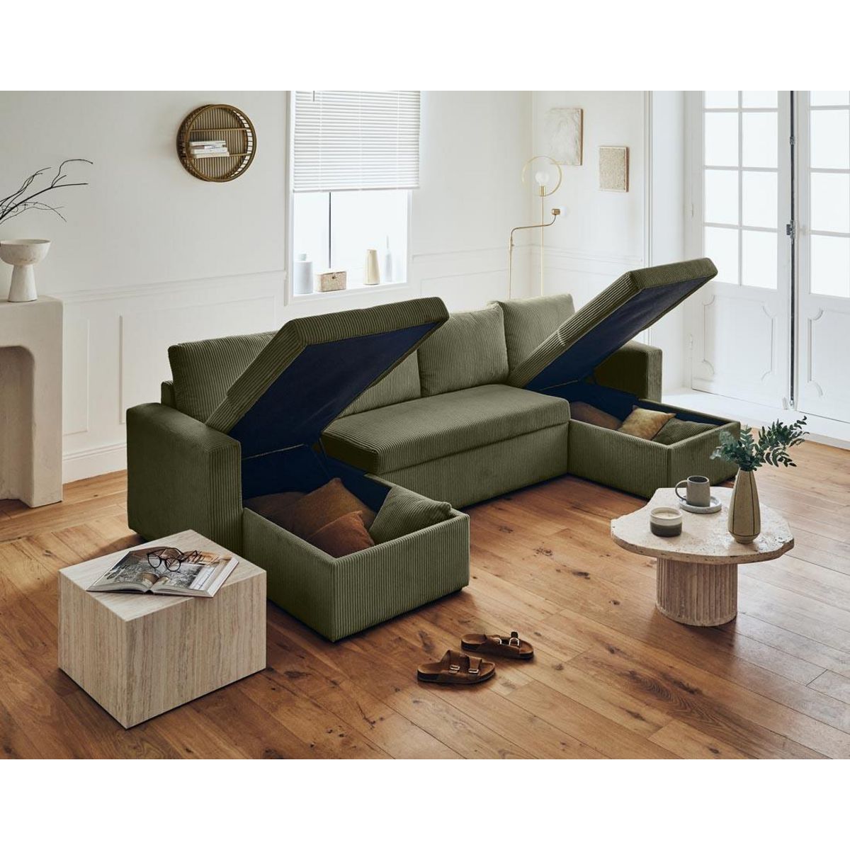 BEST MOBILIER Cyrus - canapé panoramique en u - 7 places - convertible avec coffre - en velours côtelé