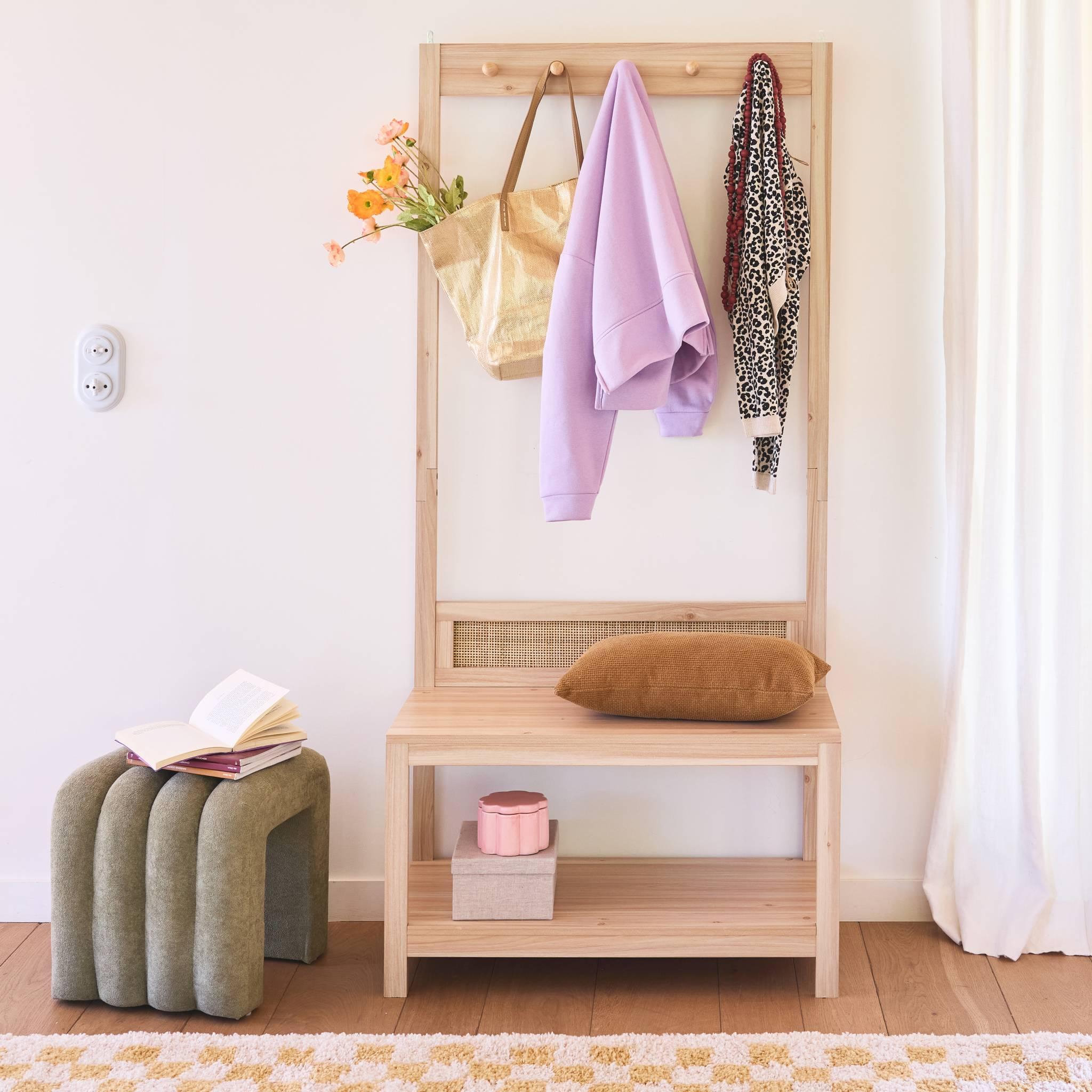 Voir la diapositive 2 : SWEEEK Meuble d'entrée. cannage et décor bois. porte manteau avec étagère