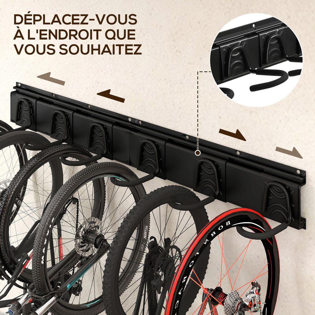 HOMCOM Support mural pour vélos, porte-vélos mural rangement pour 5 vélos et 3 casques, crochets de rangement réglables, porte-vélos, 121,5 x 10 cm noir