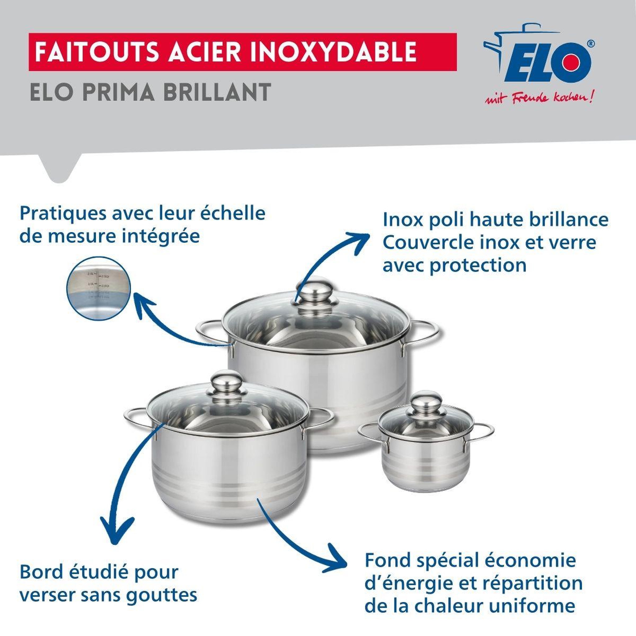 Voir la diapositive 3 : ELO Ensemble de 1 poêle de cuisson 32 cm et 3 faitouts 12, 20 et 24 cm elo prima brillant
