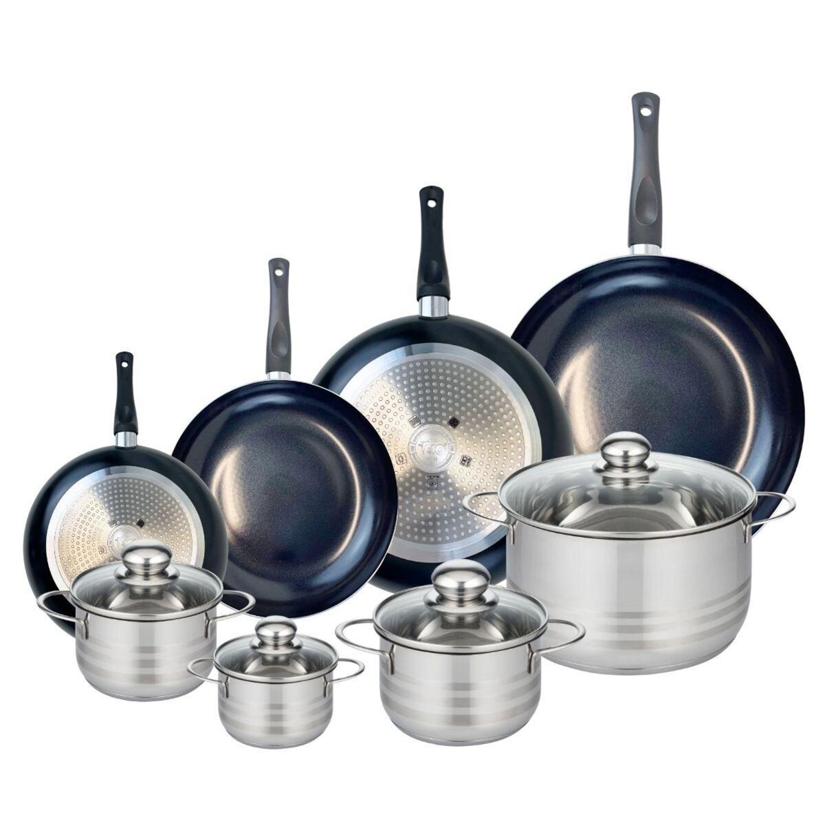 ELO Ensemble de 4 Poêles de cuisson 20, 24, 28 et 32 cm et 4 faitouts 12, 14, 16 et 24 cm Elo Prima Brillant