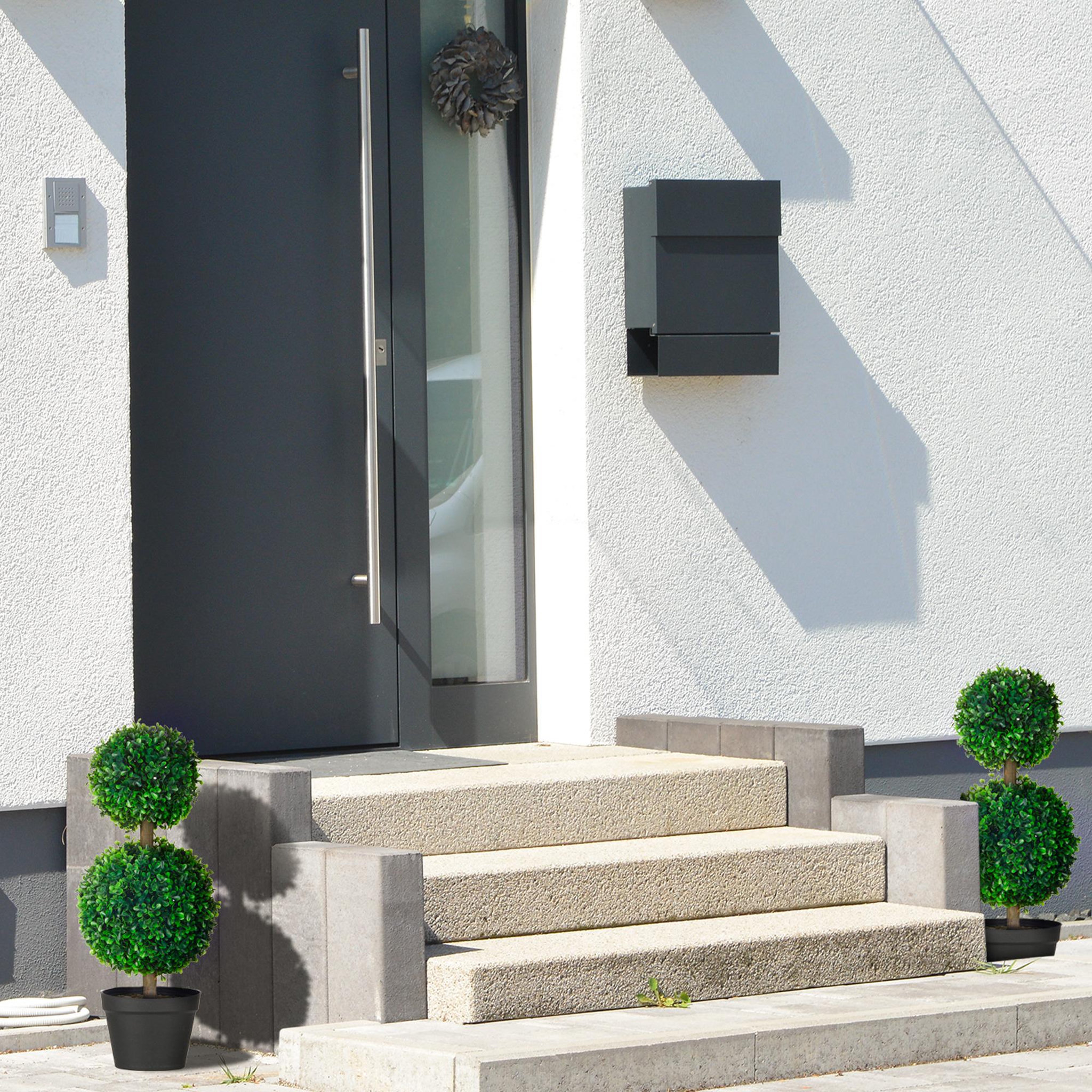 Voir la diapositive 2 : HOMCOM Lot de 2 arbres buis artificiel double boules avec tronc et pot inclus - H.60 cm PE vert