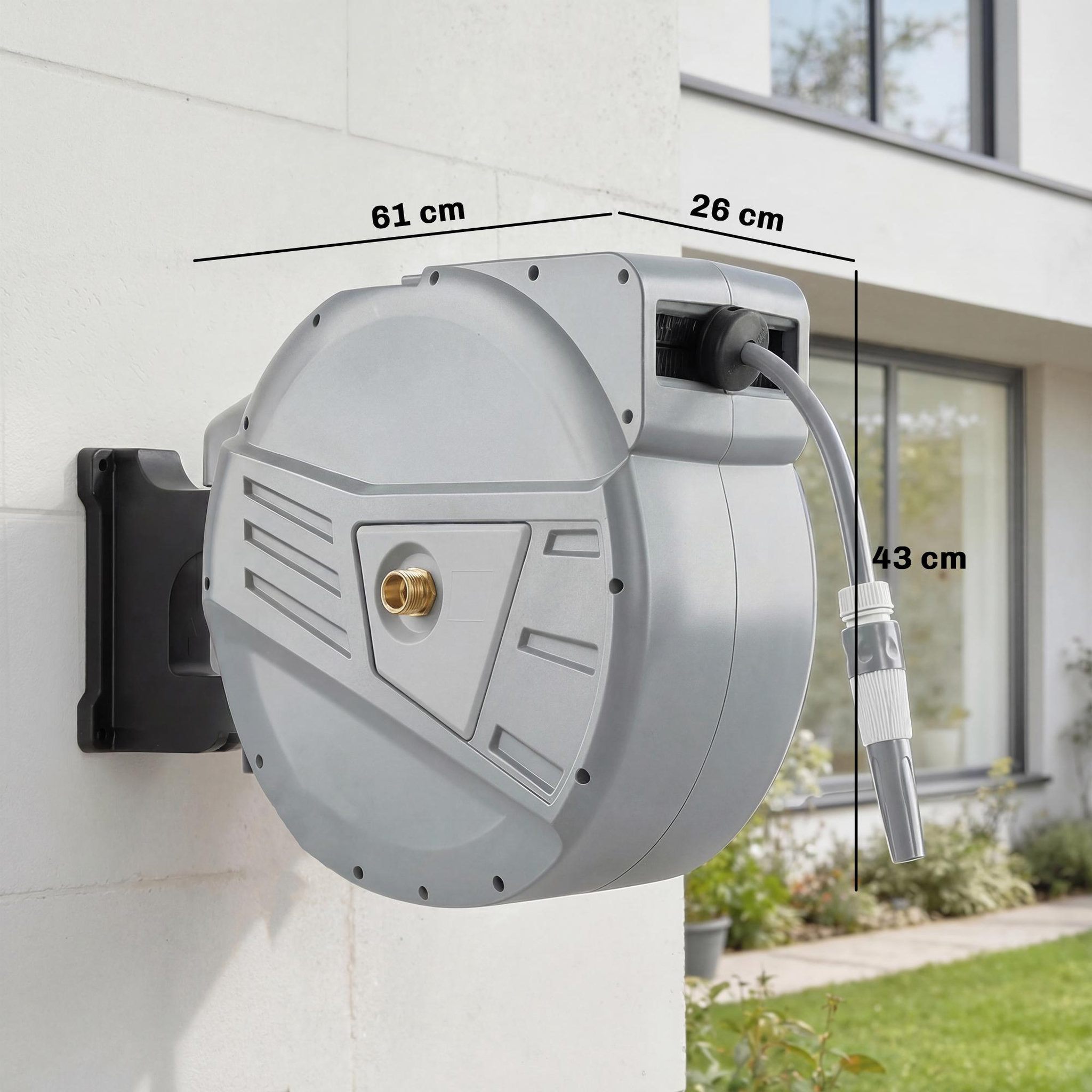 Voir la diapositive 3 : OUTSUNNY Dévidoir mural enrouleur automatique pivotant 180° tuyau 40 + 2 m avec lance arrosage 2 modes support mural intégré gris clair