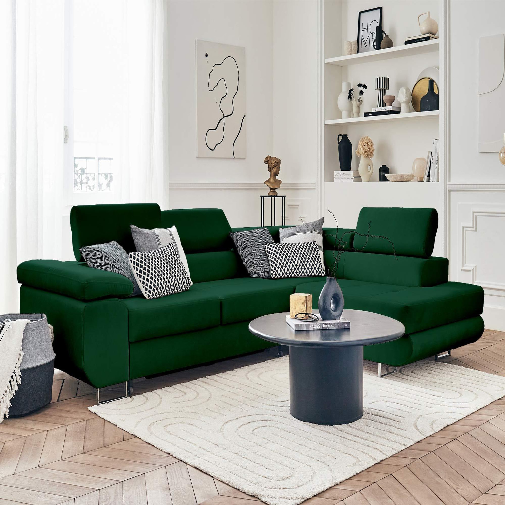 Voir la diapositive 6 : BEST MOBILIER Pablo - canapé d'angle droit - 5 places - convertible avec coffre et têtières réglables - en velours