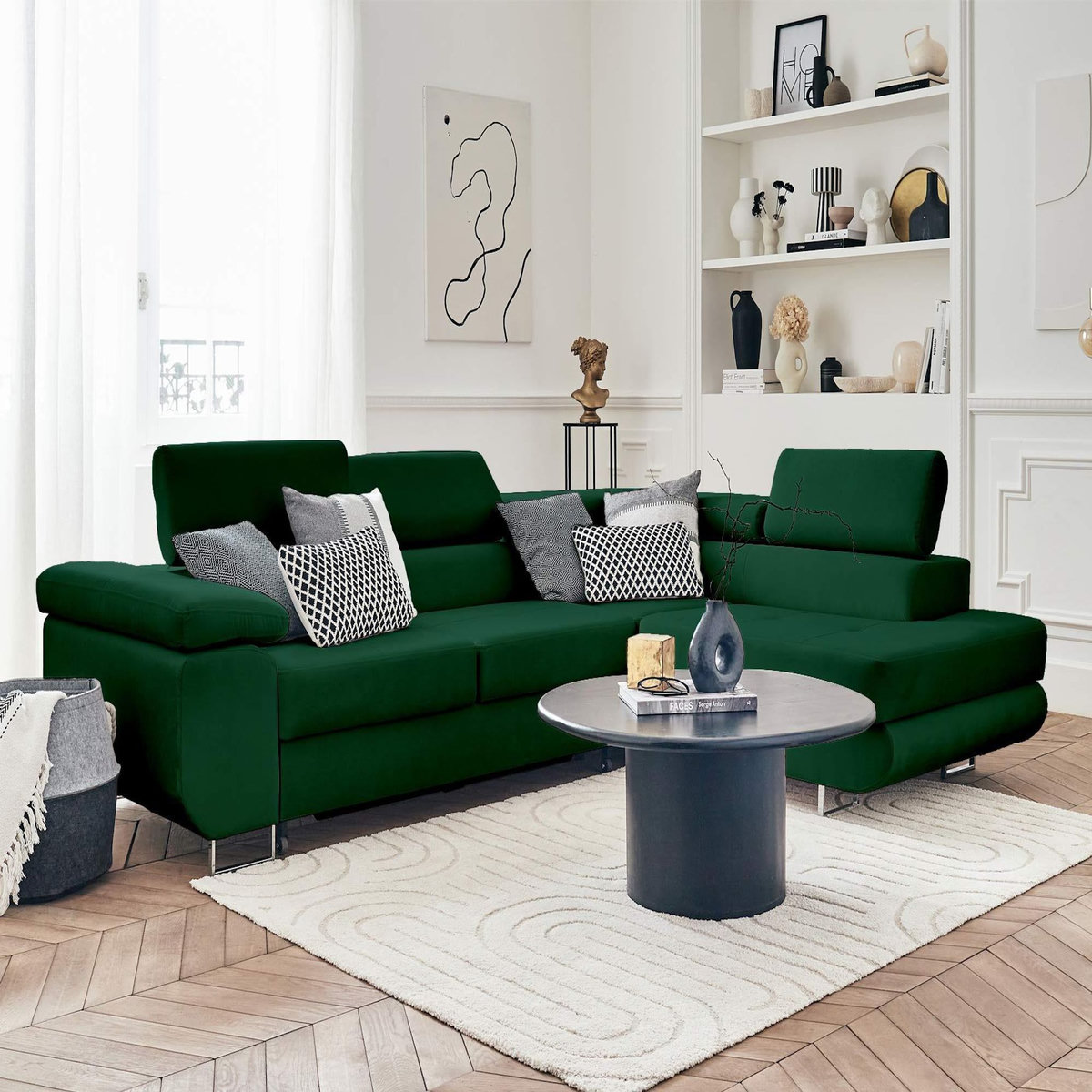 BEST MOBILIER Pablo - canapé d'angle droit - 5 places - convertible avec coffre et têtières réglables - en velours