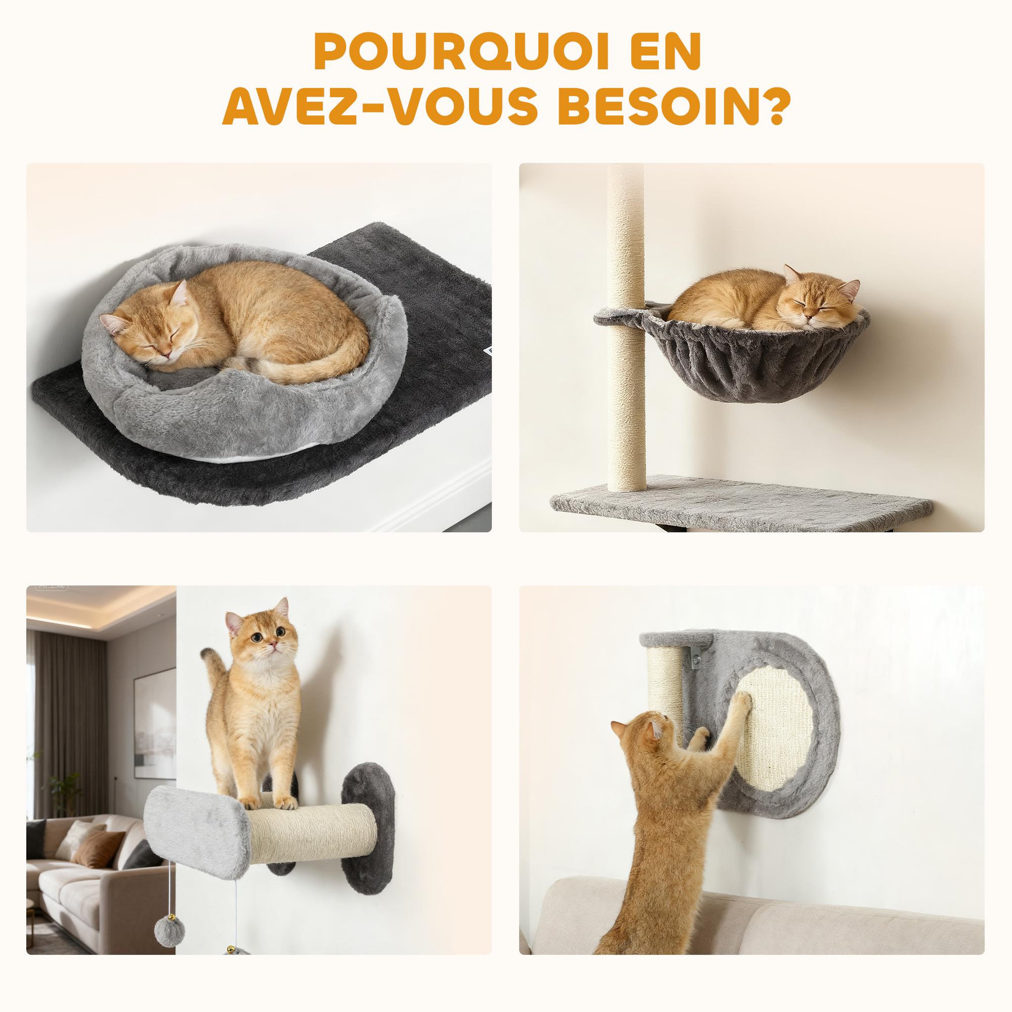 Voir la diapositive 6 : PAWHUT Arbre à chat design mural - parcours mural en bois pour chat 5 pièces variées - crème gris