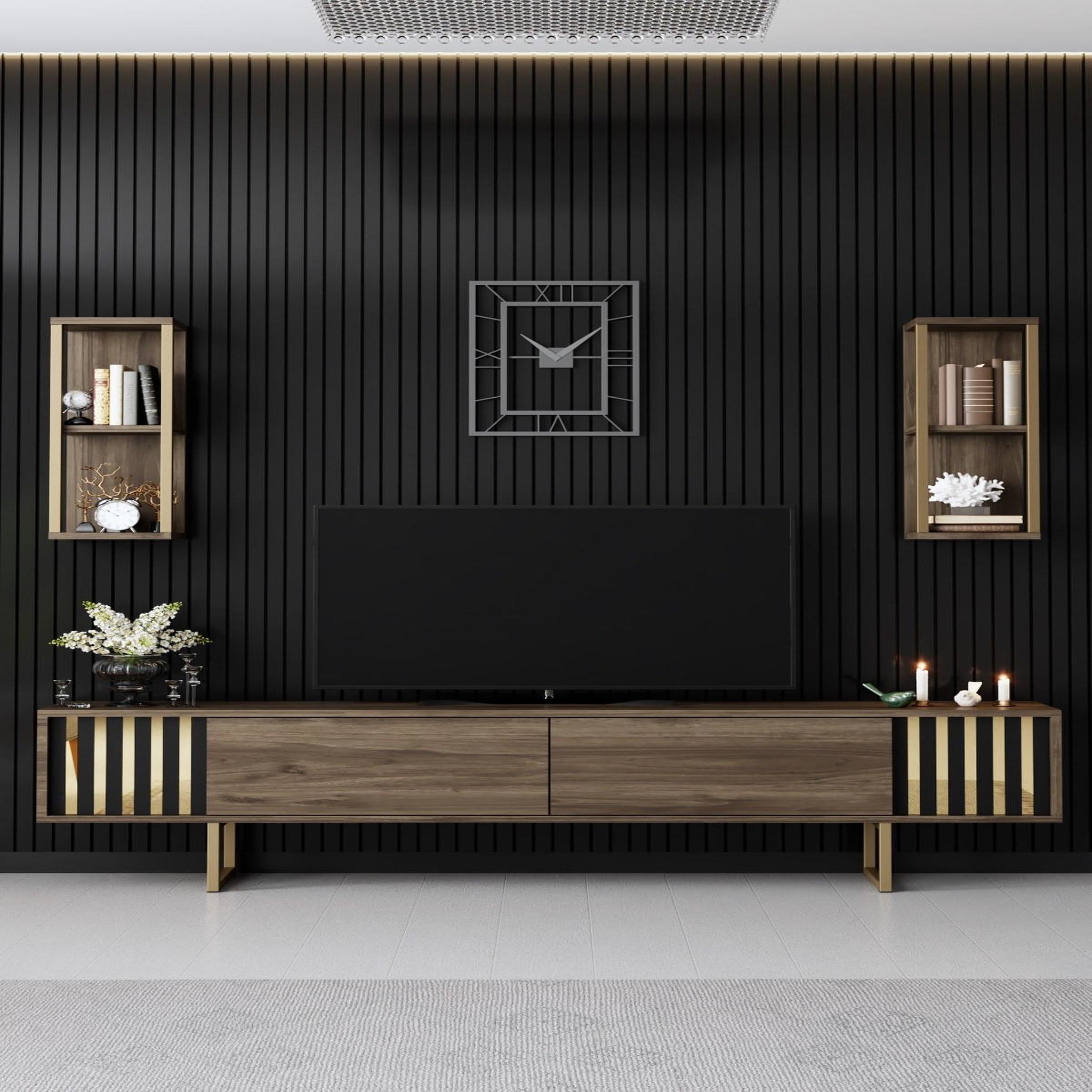 Voir la diapositive 3 : Habitat et Jardin Meuble tv en bois  gold line  - 180 x 30 x 48 cm - noyernoir