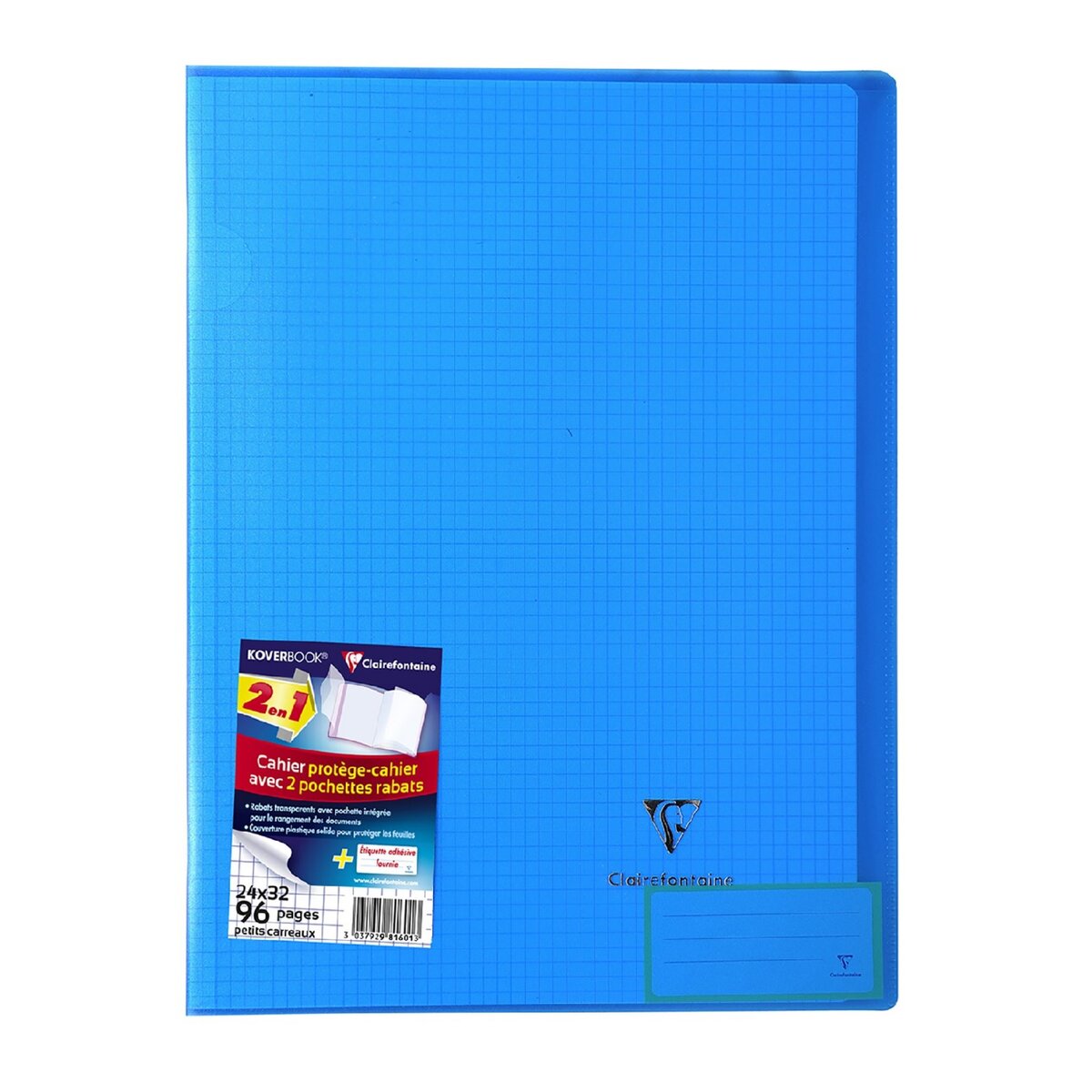 CLAIREFONTAINE  Cahier piqué Koverbook 24x32cm 96 pages petits carreaux 5x5 bleu clair transparent